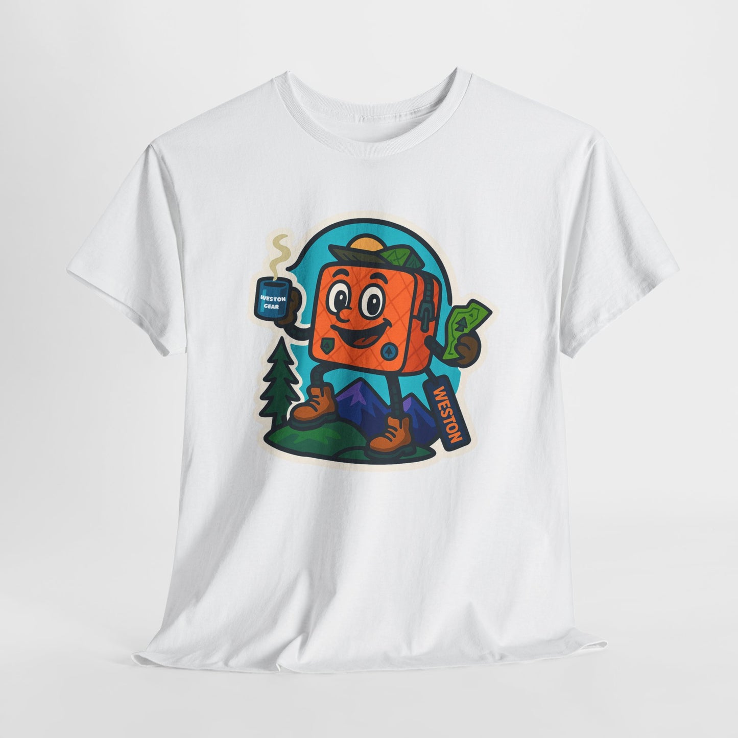 Weston Gear Tee Featuring Boxy and his Coffee, Outdoor Enthusiast Shirt, Hiking Apparel, Nature Lover Gift, Graphic Tee for Camping