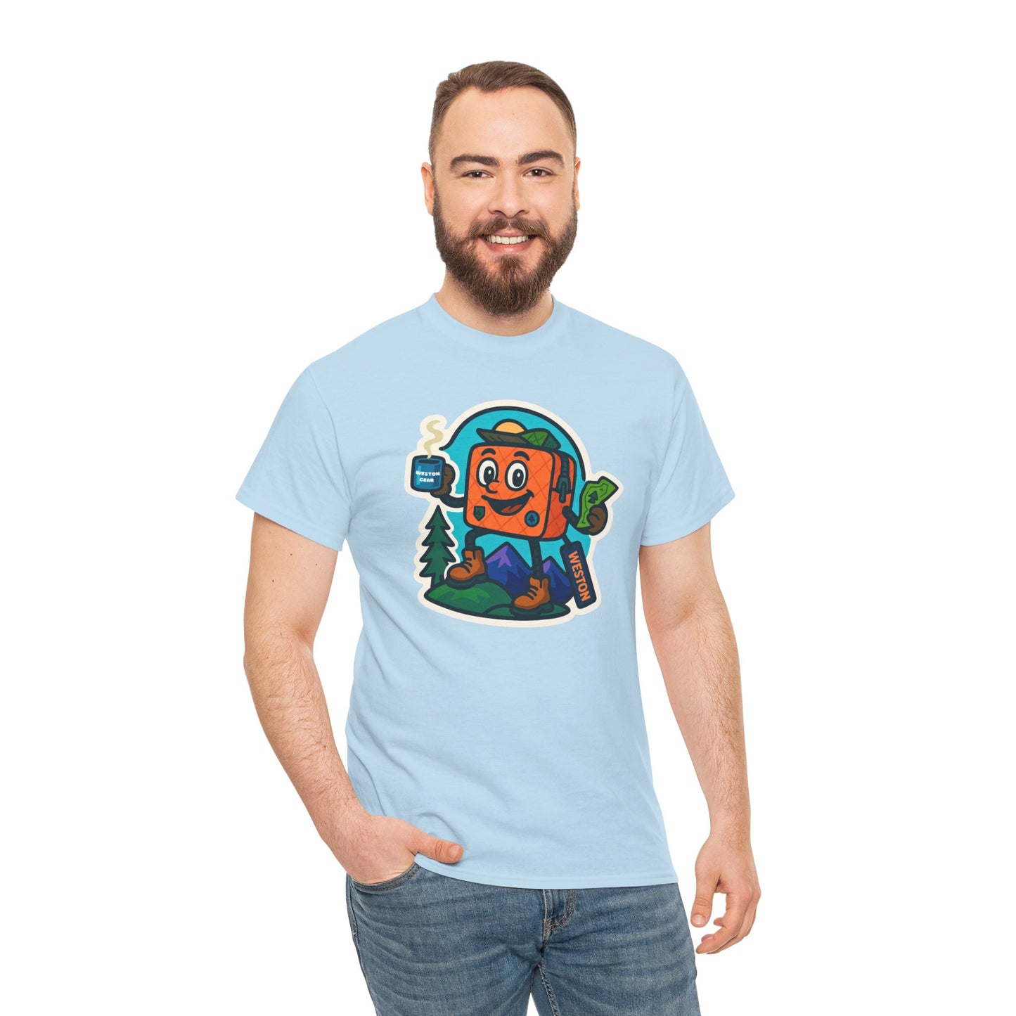 Weston Gear Tee Featuring Boxy and his Coffee, Outdoor Enthusiast Shirt, Hiking Apparel, Nature Lover Gift, Graphic Tee for Camping