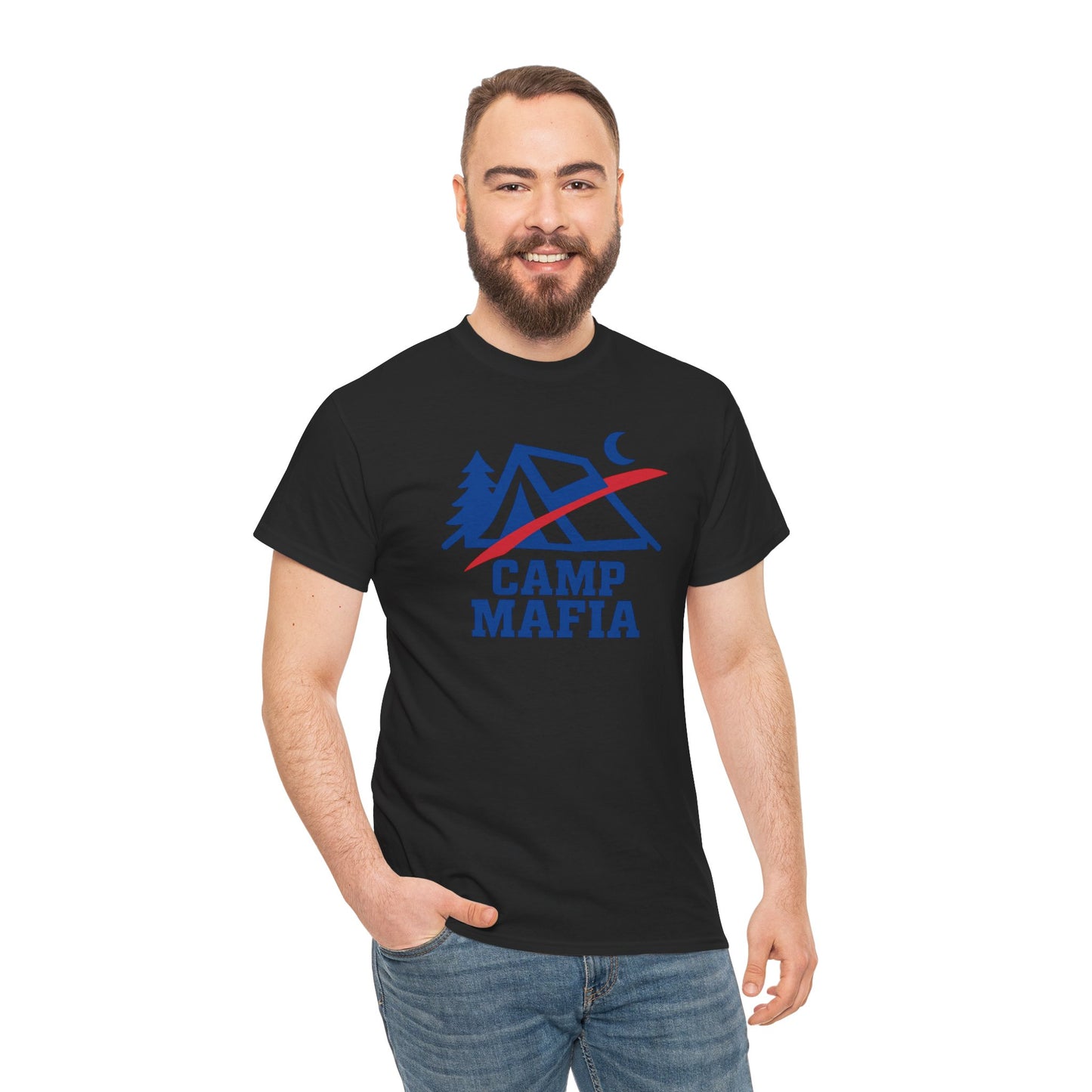 Camp Mafia T-Shirt – Buffalo Bills Inspired Camping Tee | Unisex Heavy Cotton Outdoor Shirt | Hiking Apparel & Gift for Nature Lovers