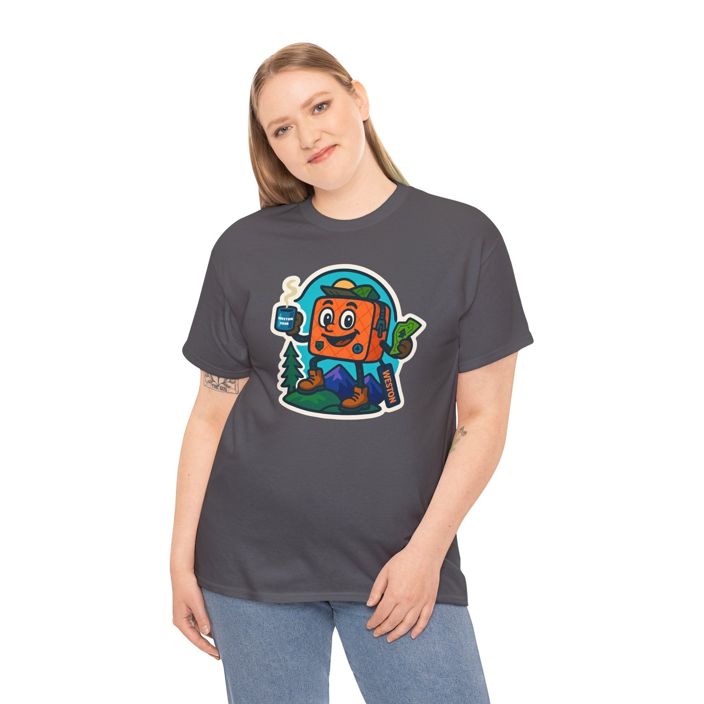 Weston Gear Tee Featuring Boxy and his Coffee, Outdoor Enthusiast Shirt, Hiking Apparel, Nature Lover Gift, Graphic Tee for Camping