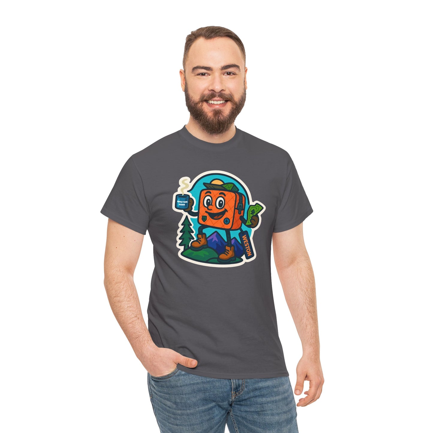 Weston Gear Tee Featuring Boxy and his Coffee, Outdoor Enthusiast Shirt, Hiking Apparel, Nature Lover Gift, Graphic Tee for Camping