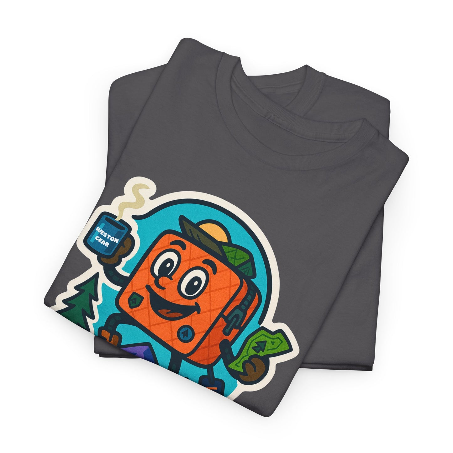 Weston Gear Tee Featuring Boxy and his Coffee, Outdoor Enthusiast Shirt, Hiking Apparel, Nature Lover Gift, Graphic Tee for Camping