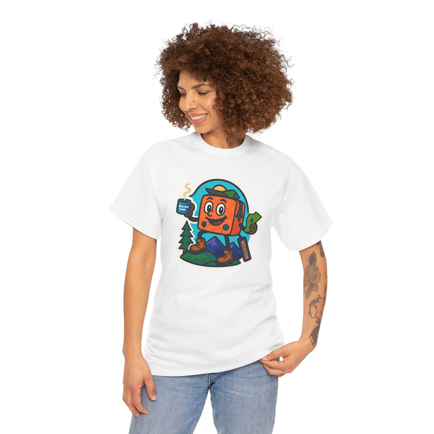 Weston Gear Tee Featuring Boxy and his Coffee, Outdoor Enthusiast Shirt, Hiking Apparel, Nature Lover Gift, Graphic Tee for Camping