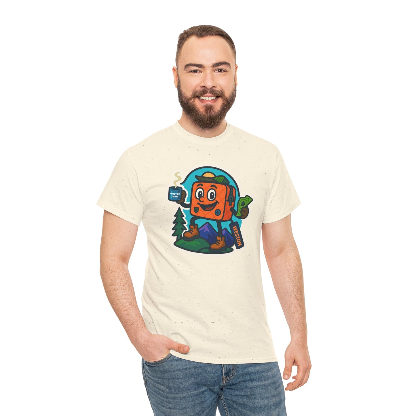 Weston Gear Tee Featuring Boxy and his Coffee, Outdoor Enthusiast Shirt, Hiking Apparel, Nature Lover Gift, Graphic Tee for Camping