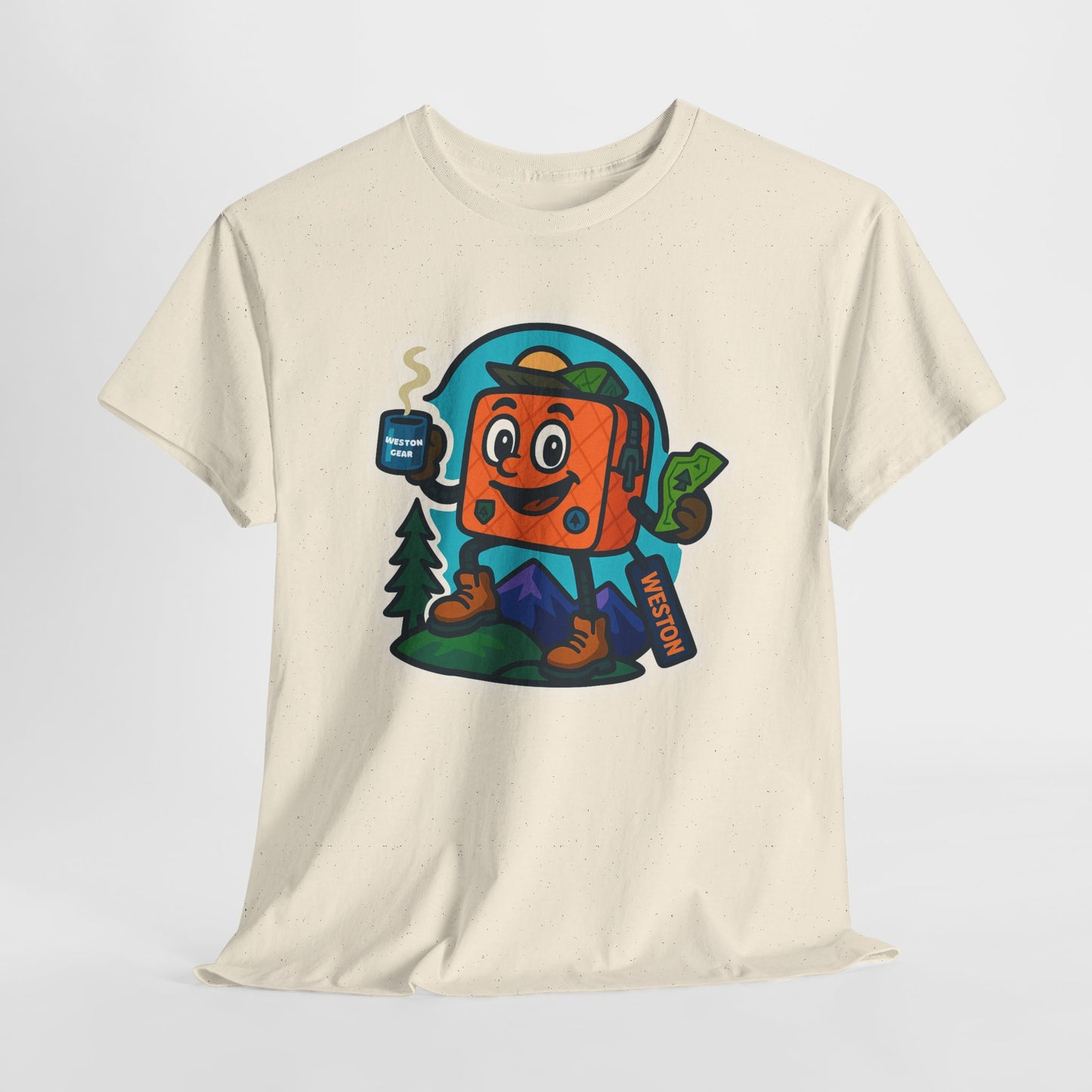 Weston Gear Tee Featuring Boxy and his Coffee, Outdoor Enthusiast Shirt, Hiking Apparel, Nature Lover Gift, Graphic Tee for Camping