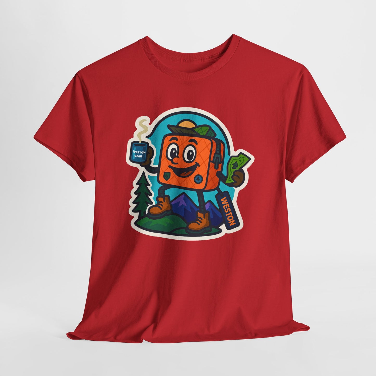 Weston Gear Tee Featuring Boxy and his Coffee, Outdoor Enthusiast Shirt, Hiking Apparel, Nature Lover Gift, Graphic Tee for Camping
