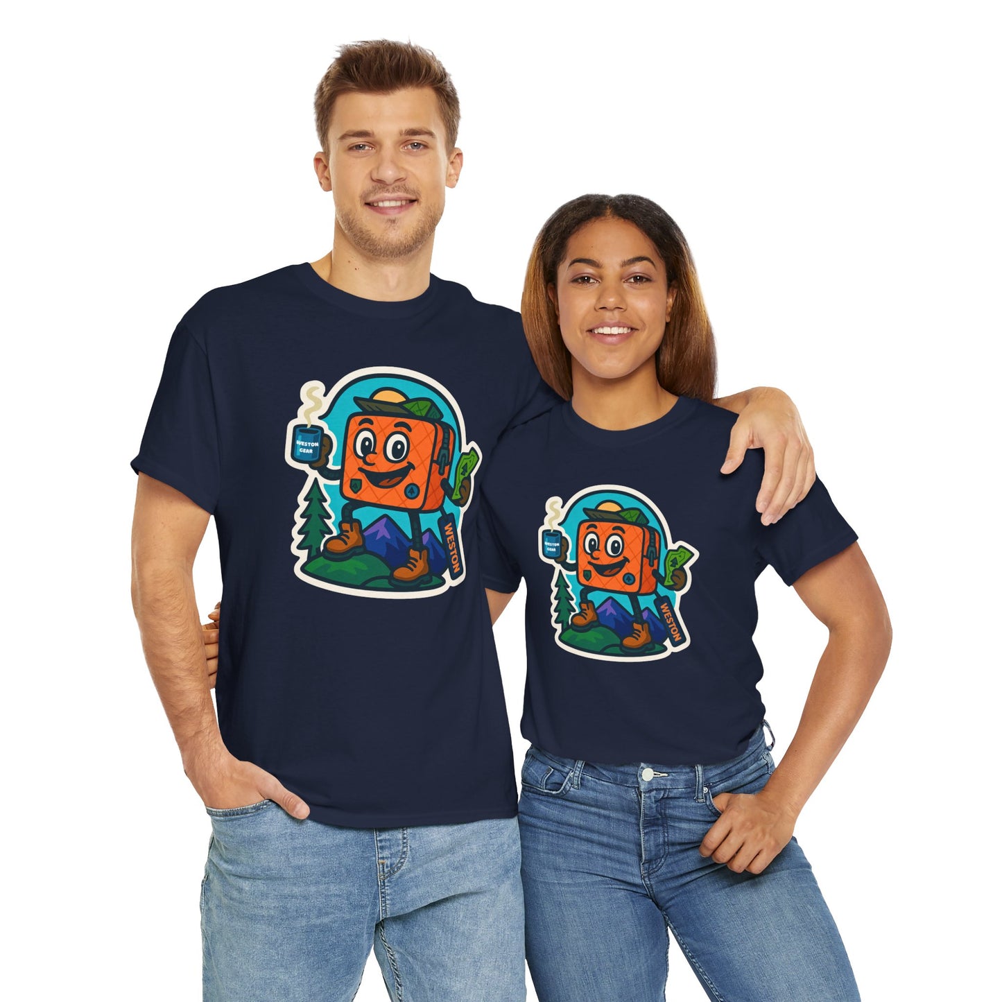 Weston Gear Tee Featuring Boxy and his Coffee, Outdoor Enthusiast Shirt, Hiking Apparel, Nature Lover Gift, Graphic Tee for Camping