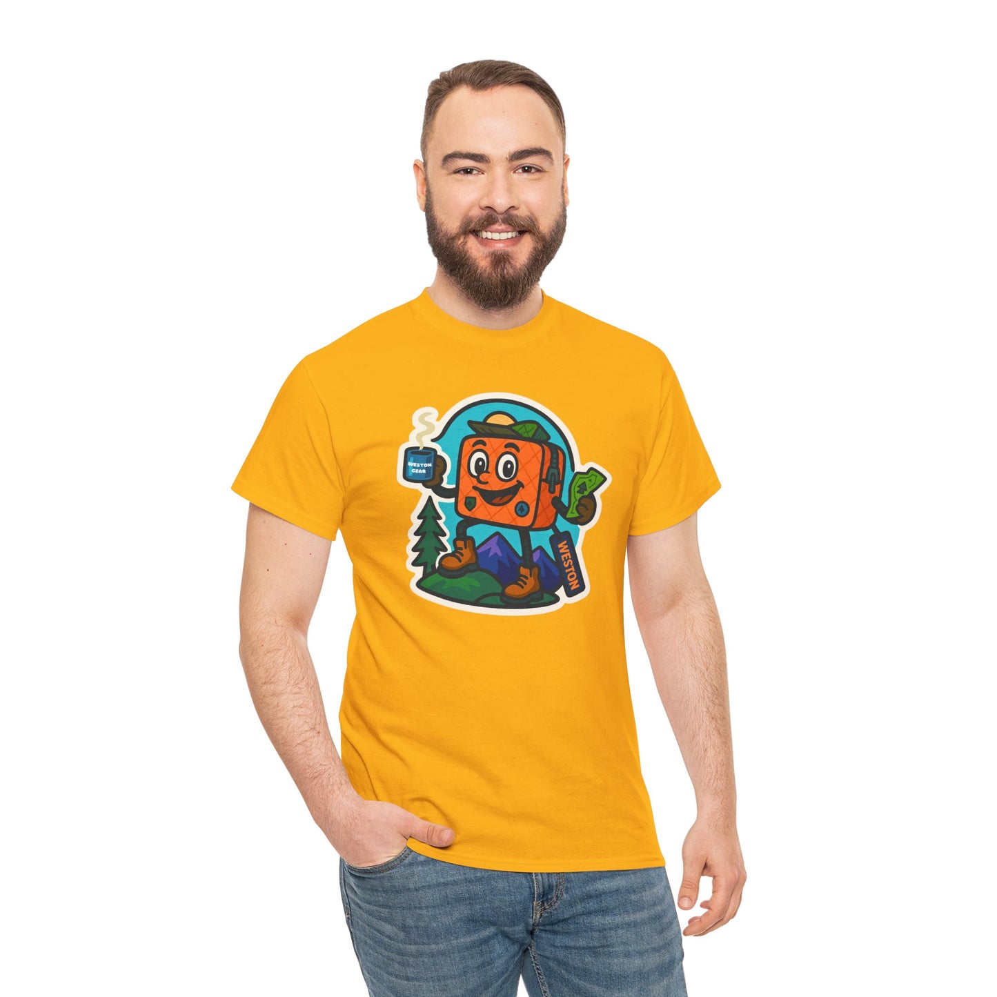 Weston Gear Tee Featuring Boxy and his Coffee, Outdoor Enthusiast Shirt, Hiking Apparel, Nature Lover Gift, Graphic Tee for Camping