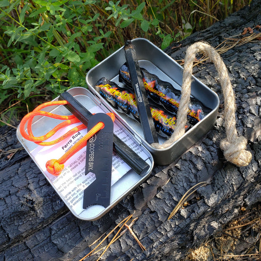 Ferro Fire Starting Package - Kamper Kit - with Hex Ferro, Tinder and Storage Tin