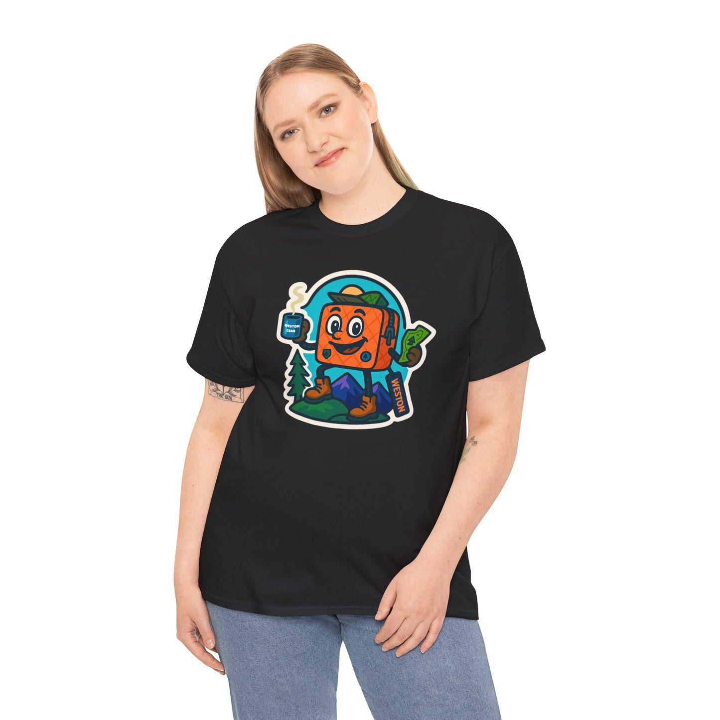 Weston Gear Tee Featuring Boxy and his Coffee, Outdoor Enthusiast Shirt, Hiking Apparel, Nature Lover Gift, Graphic Tee for Camping