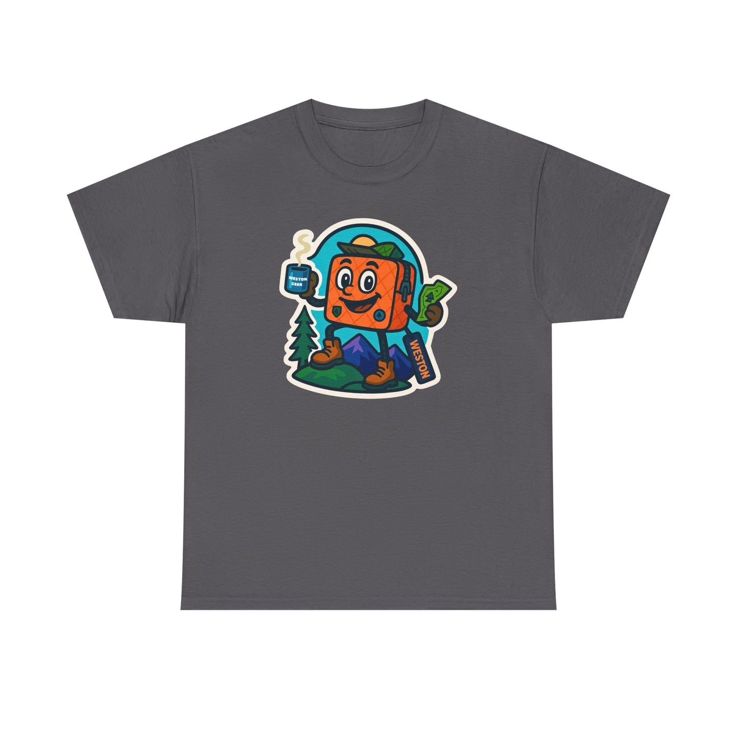 Weston Gear Tee Featuring Boxy and his Coffee, Outdoor Enthusiast Shirt, Hiking Apparel, Nature Lover Gift, Graphic Tee for Camping