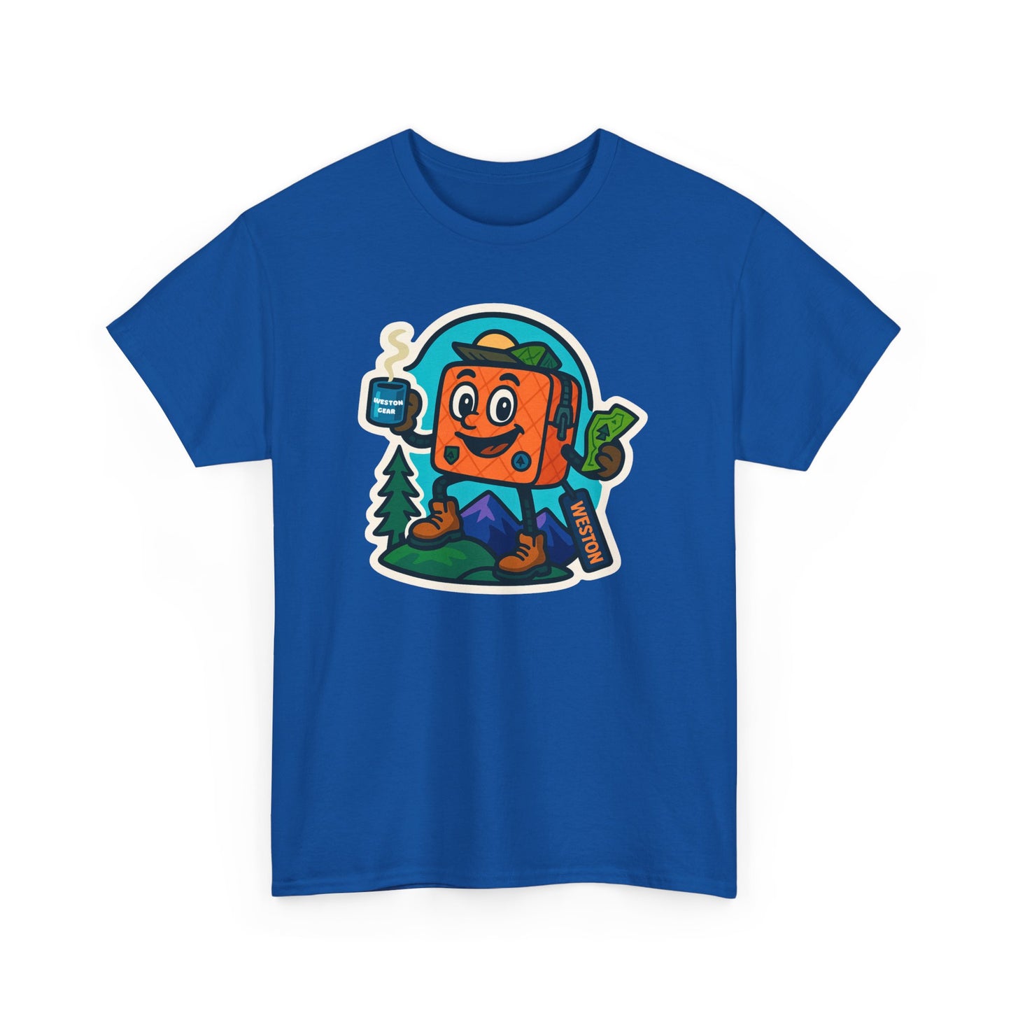 Weston Gear Tee Featuring Boxy and his Coffee, Outdoor Enthusiast Shirt, Hiking Apparel, Nature Lover Gift, Graphic Tee for Camping
