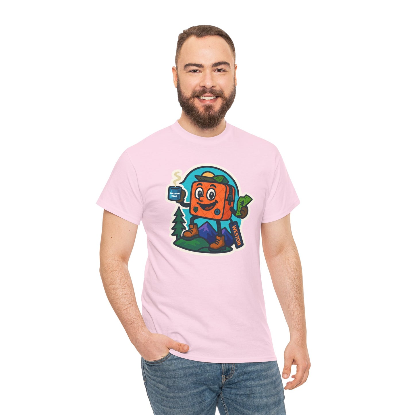 Weston Gear Tee Featuring Boxy and his Coffee, Outdoor Enthusiast Shirt, Hiking Apparel, Nature Lover Gift, Graphic Tee for Camping