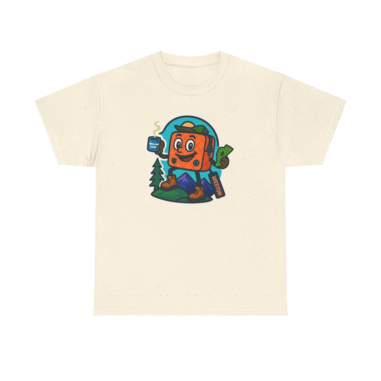 Weston Gear Tee Featuring Boxy and his Coffee, Outdoor Enthusiast Shirt, Hiking Apparel, Nature Lover Gift, Graphic Tee for Camping