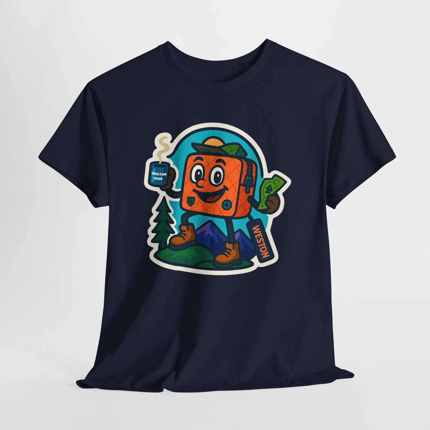 Weston Gear Tee Featuring Boxy and his Coffee, Outdoor Enthusiast Shirt, Hiking Apparel, Nature Lover Gift, Graphic Tee for Camping