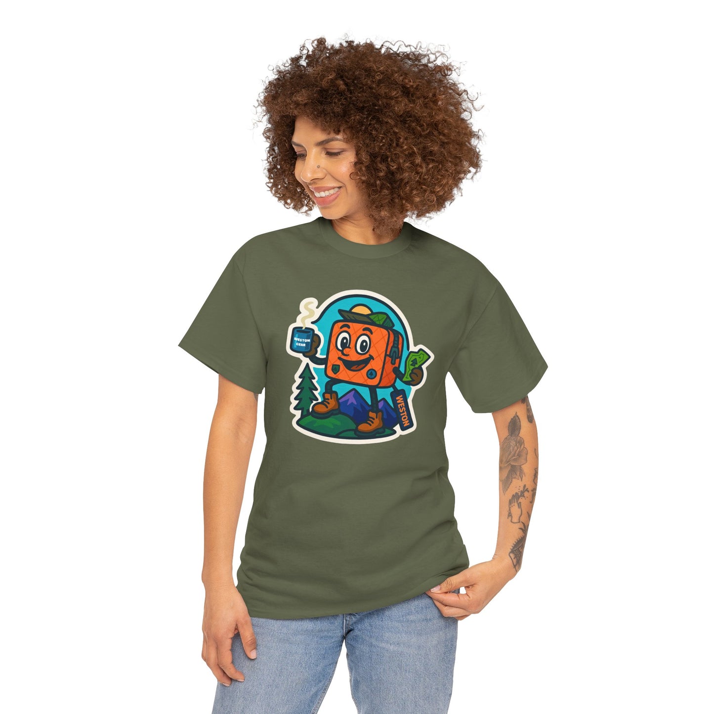 Weston Gear Tee Featuring Boxy and his Coffee, Outdoor Enthusiast Shirt, Hiking Apparel, Nature Lover Gift, Graphic Tee for Camping