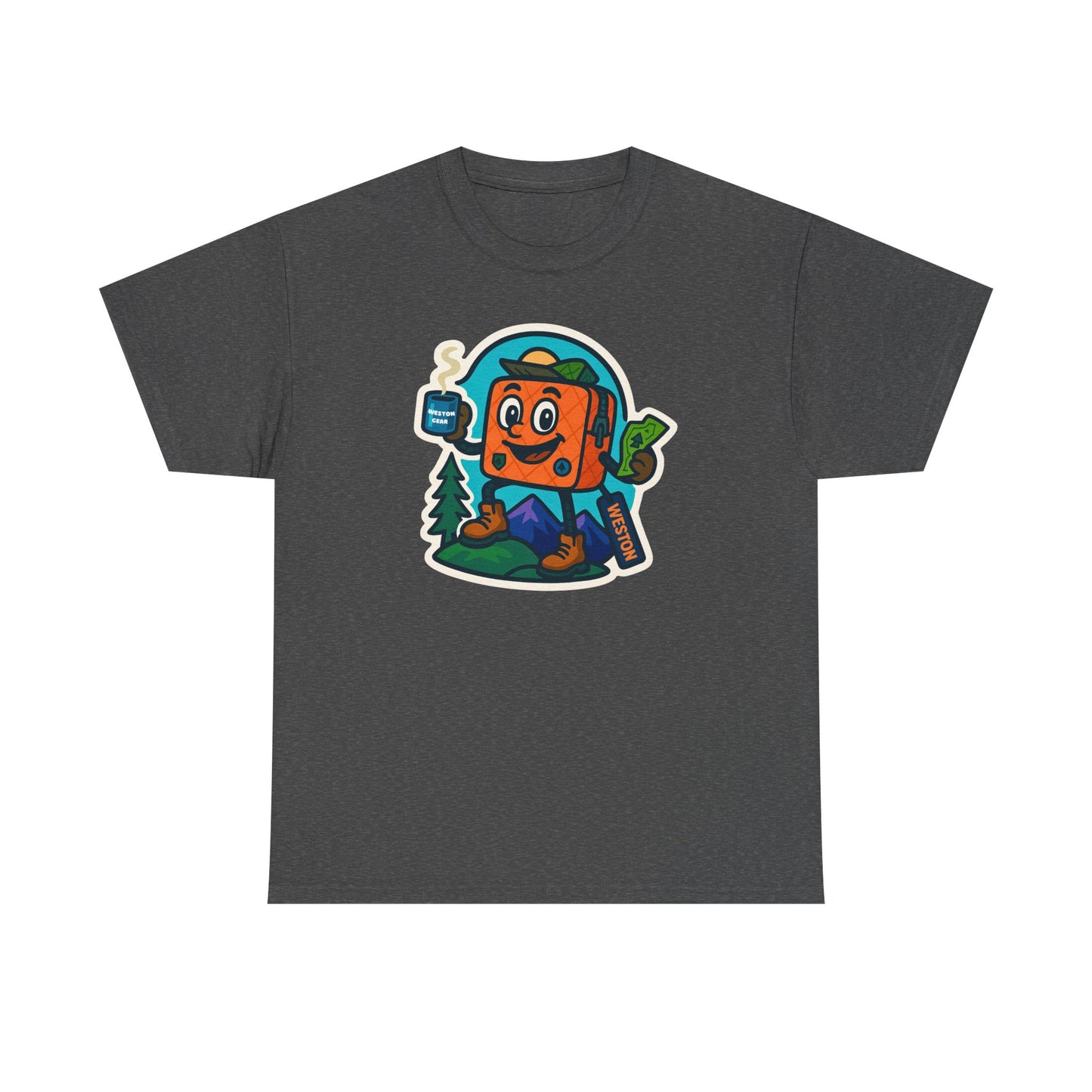 Weston Gear Tee Featuring Boxy and his Coffee, Outdoor Enthusiast Shirt, Hiking Apparel, Nature Lover Gift, Graphic Tee for Camping