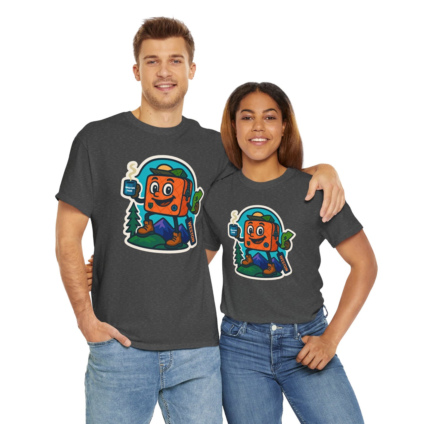 Weston Gear Tee Featuring Boxy and his Coffee, Outdoor Enthusiast Shirt, Hiking Apparel, Nature Lover Gift, Graphic Tee for Camping