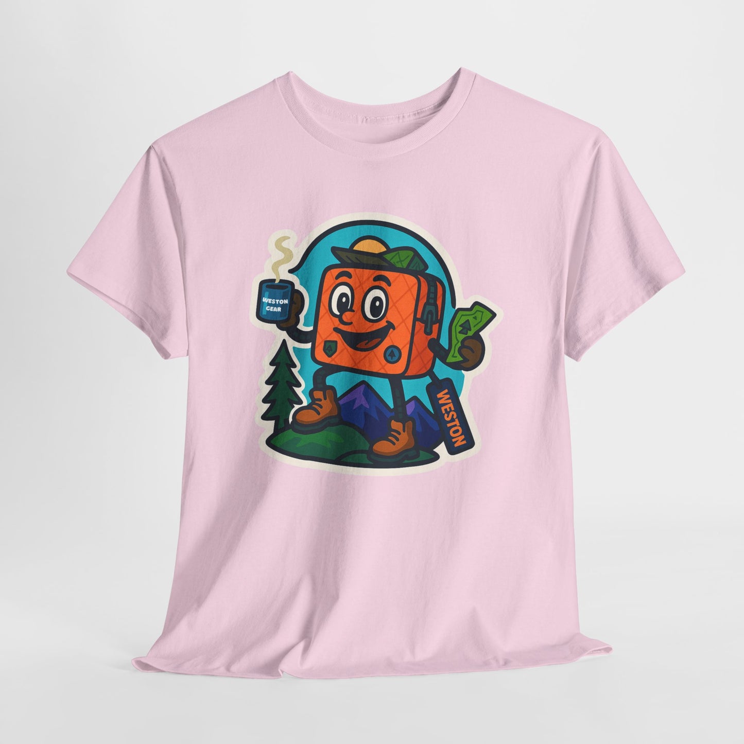 Weston Gear Tee Featuring Boxy and his Coffee, Outdoor Enthusiast Shirt, Hiking Apparel, Nature Lover Gift, Graphic Tee for Camping