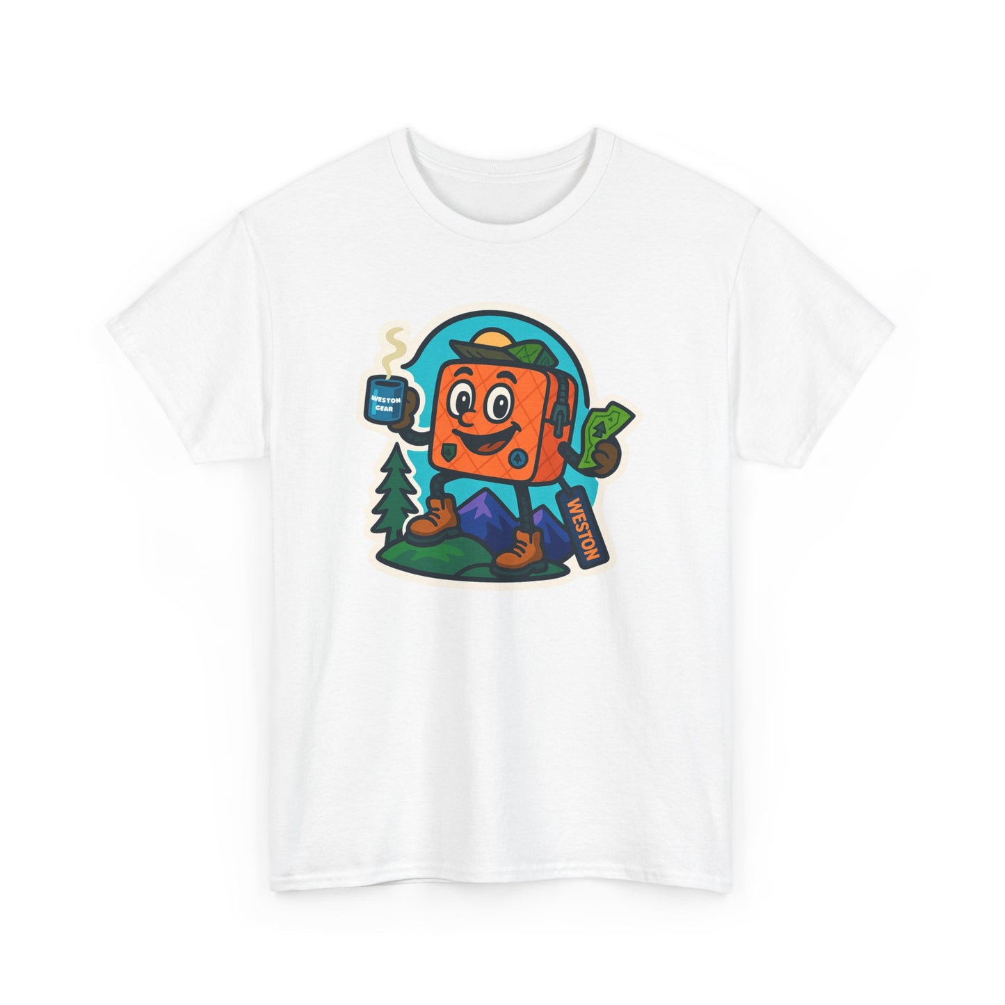 Weston Gear Tee Featuring Boxy and his Coffee, Outdoor Enthusiast Shirt, Hiking Apparel, Nature Lover Gift, Graphic Tee for Camping