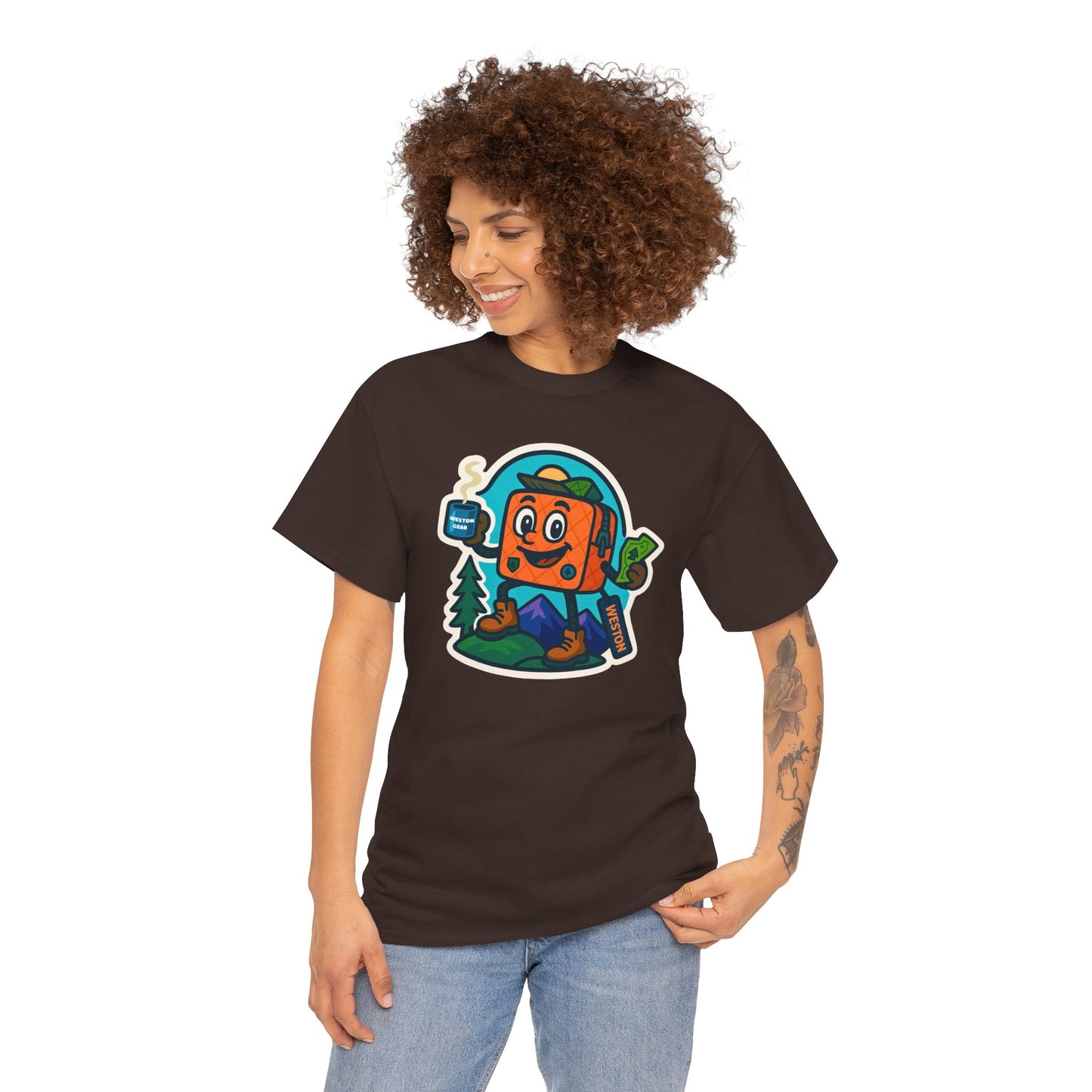 Weston Gear Tee Featuring Boxy and his Coffee, Outdoor Enthusiast Shirt, Hiking Apparel, Nature Lover Gift, Graphic Tee for Camping