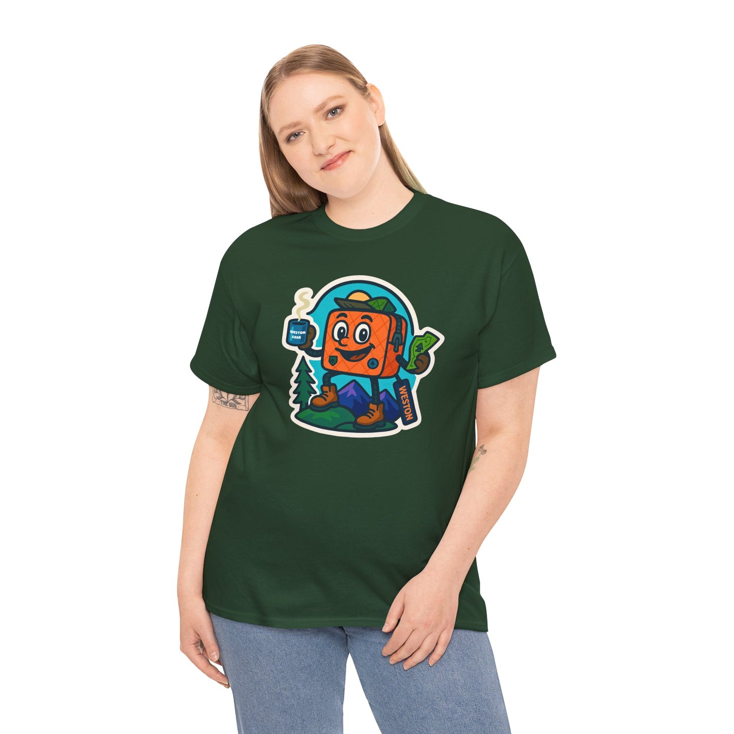 Weston Gear Tee Featuring Boxy and his Coffee, Outdoor Enthusiast Shirt, Hiking Apparel, Nature Lover Gift, Graphic Tee for Camping