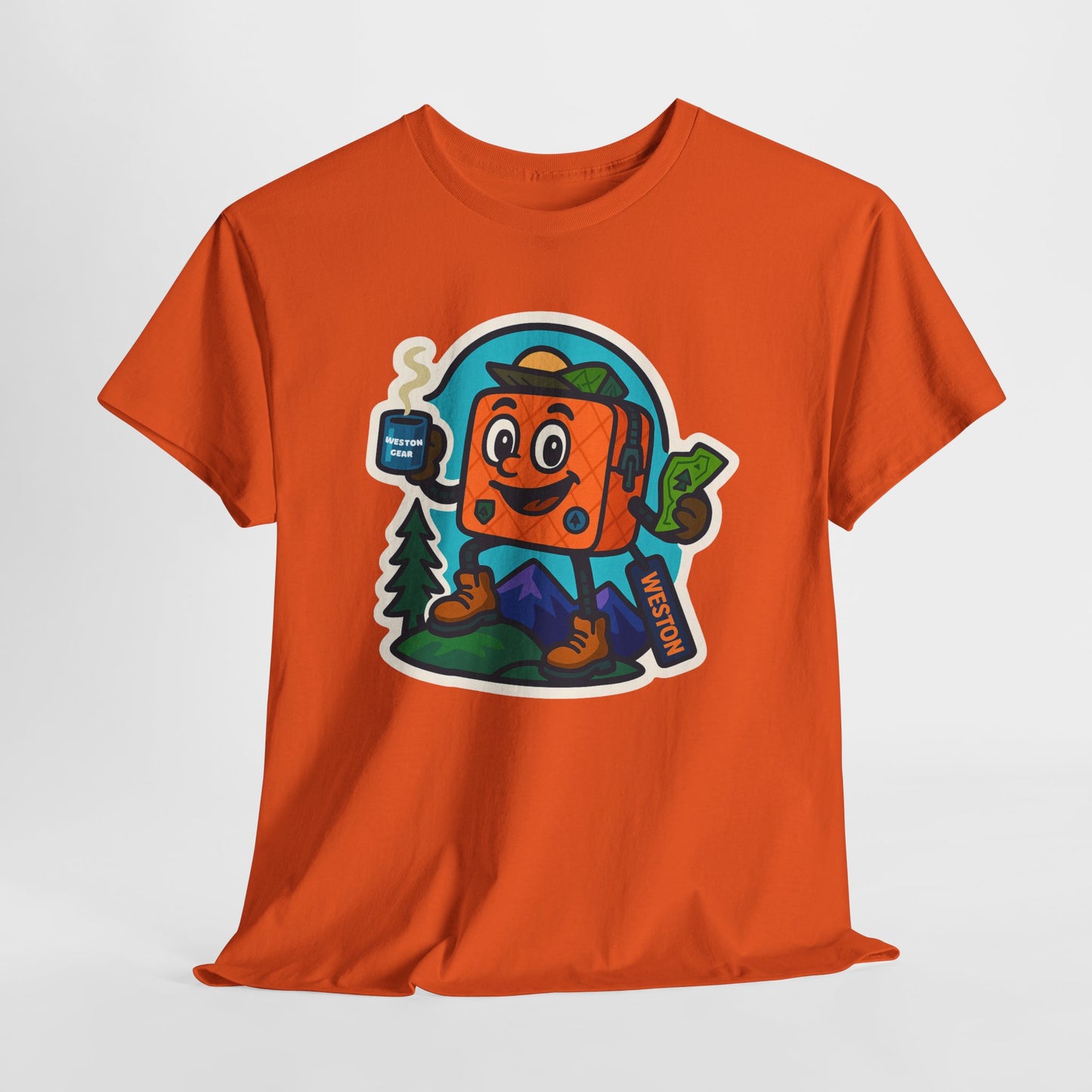 Weston Gear Tee Featuring Boxy and his Coffee, Outdoor Enthusiast Shirt, Hiking Apparel, Nature Lover Gift, Graphic Tee for Camping