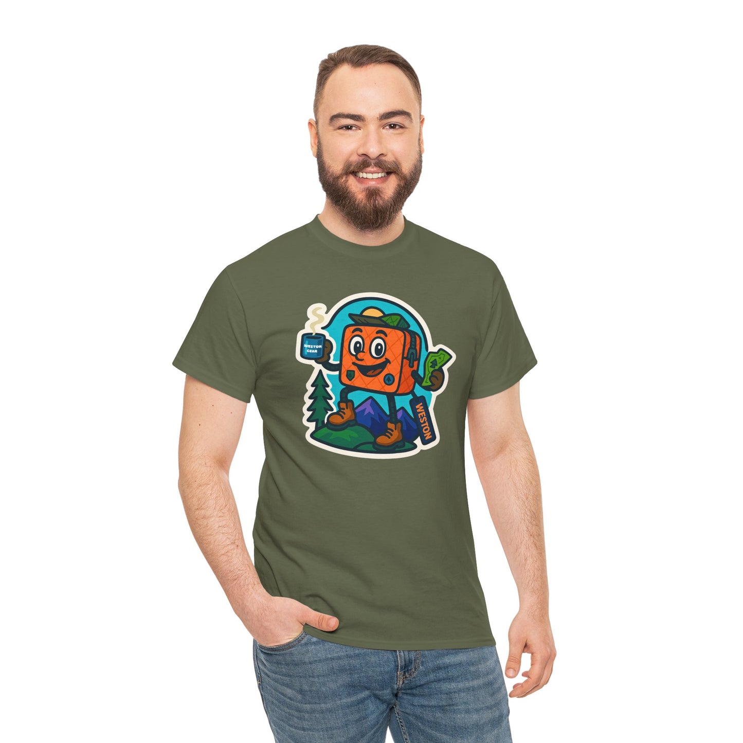 Weston Gear Tee Featuring Boxy and his Coffee, Outdoor Enthusiast Shirt, Hiking Apparel, Nature Lover Gift, Graphic Tee for Camping
