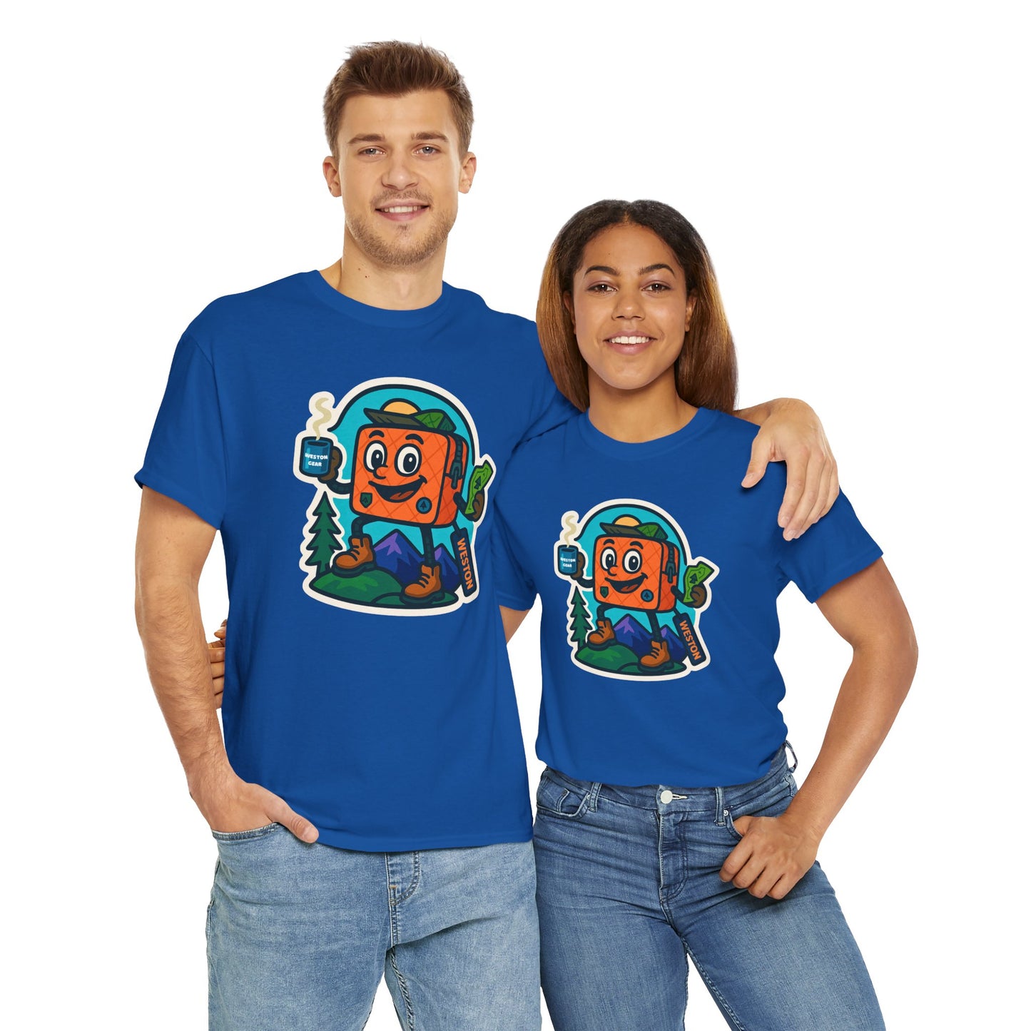 Weston Gear Tee Featuring Boxy and his Coffee, Outdoor Enthusiast Shirt, Hiking Apparel, Nature Lover Gift, Graphic Tee for Camping