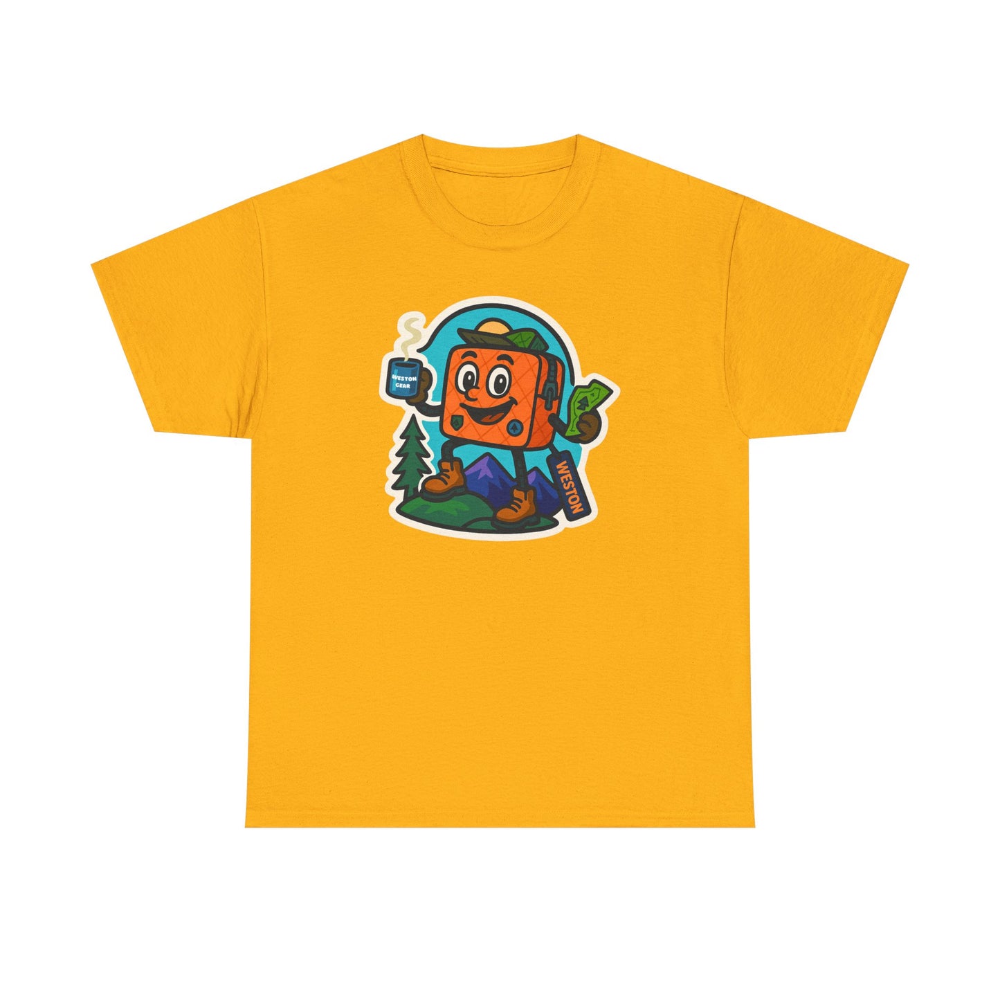 Weston Gear Tee Featuring Boxy and his Coffee, Outdoor Enthusiast Shirt, Hiking Apparel, Nature Lover Gift, Graphic Tee for Camping