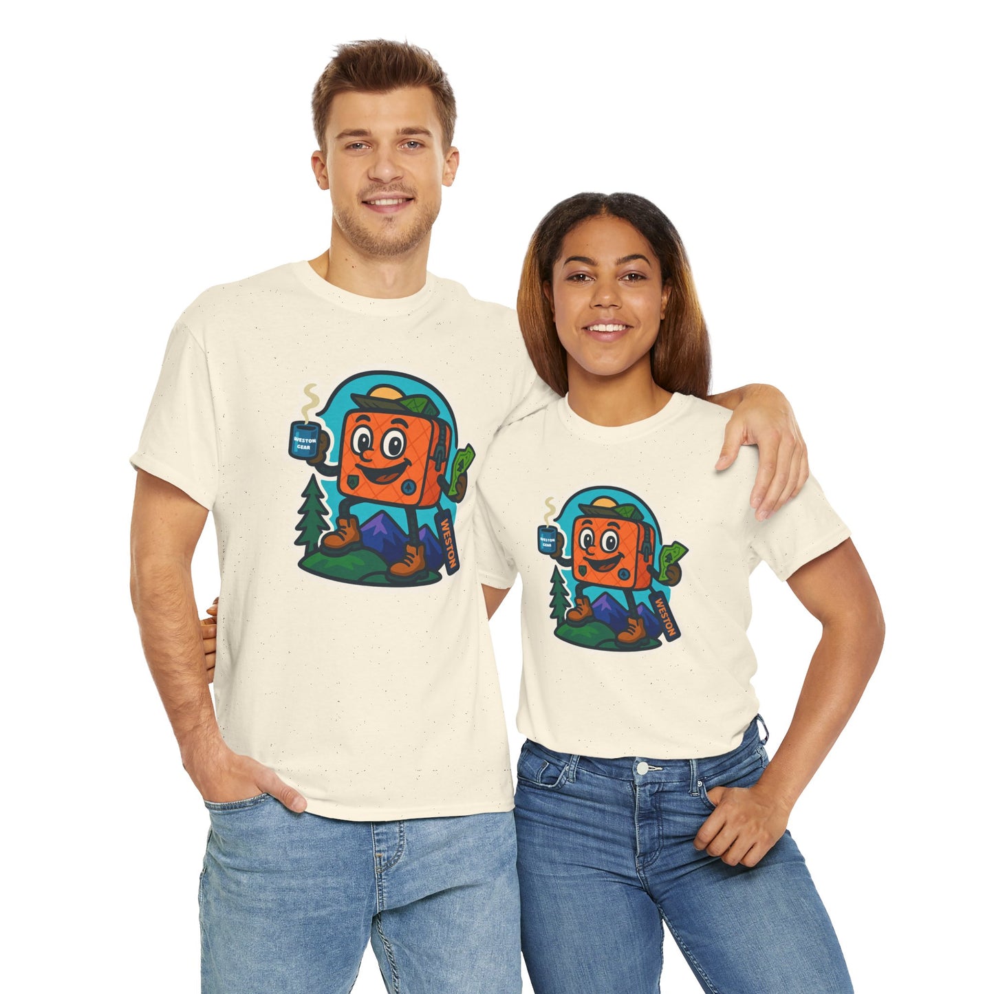Weston Gear Tee Featuring Boxy and his Coffee, Outdoor Enthusiast Shirt, Hiking Apparel, Nature Lover Gift, Graphic Tee for Camping