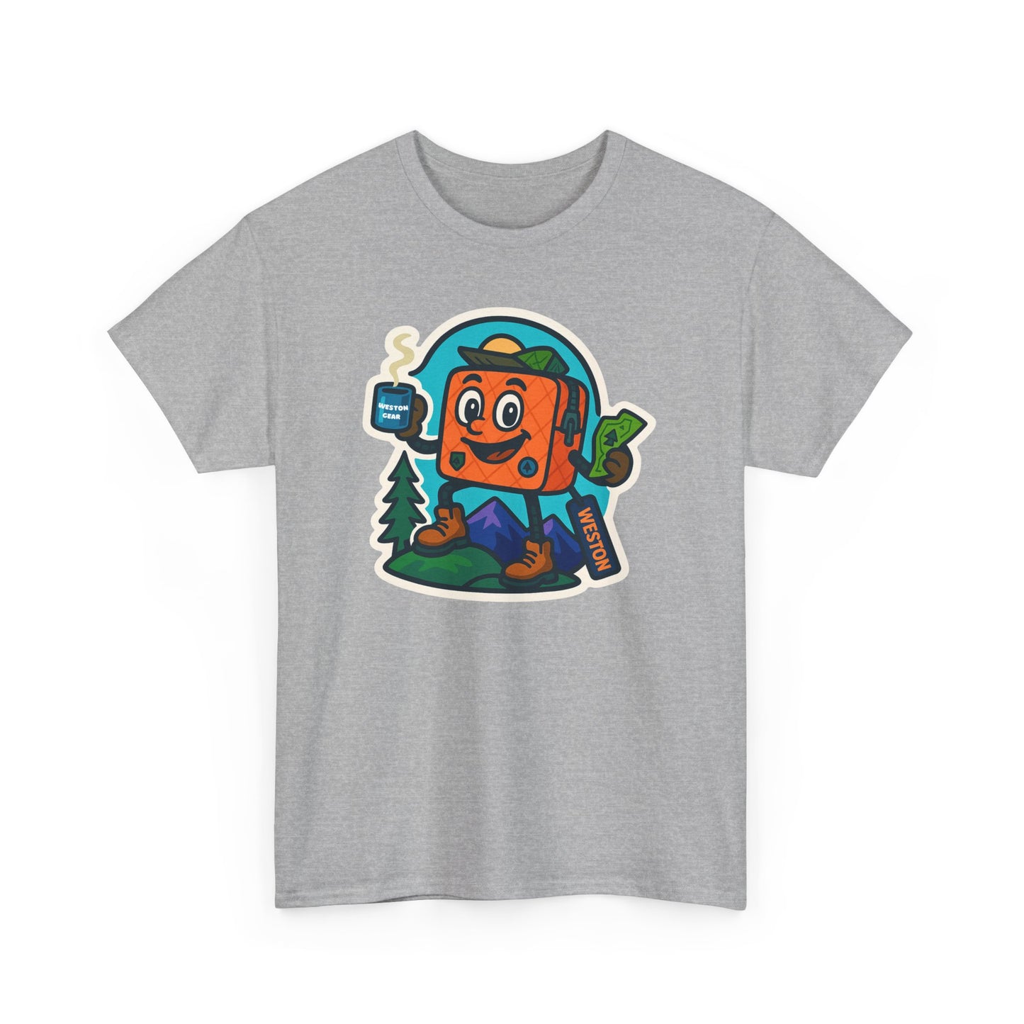 Weston Gear Tee Featuring Boxy and his Coffee, Outdoor Enthusiast Shirt, Hiking Apparel, Nature Lover Gift, Graphic Tee for Camping