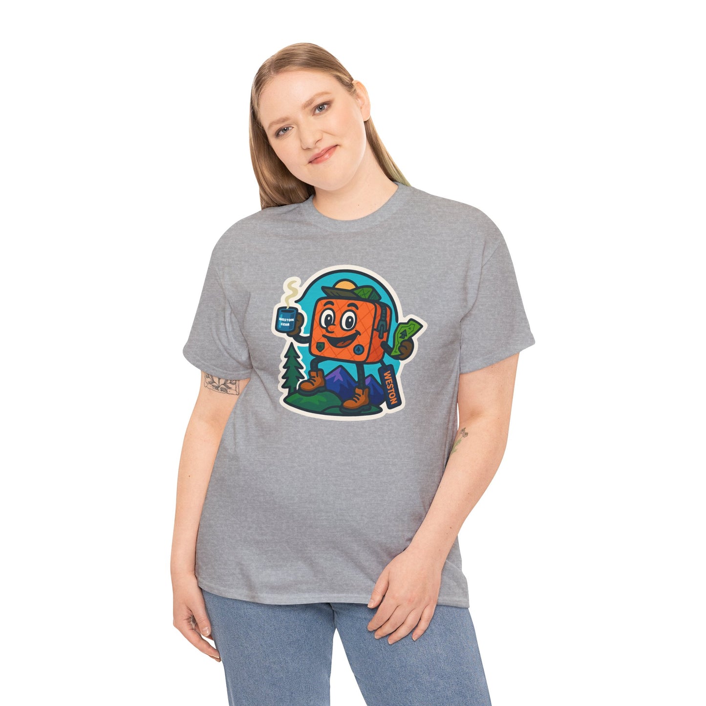 Weston Gear Tee Featuring Boxy and his Coffee, Outdoor Enthusiast Shirt, Hiking Apparel, Nature Lover Gift, Graphic Tee for Camping
