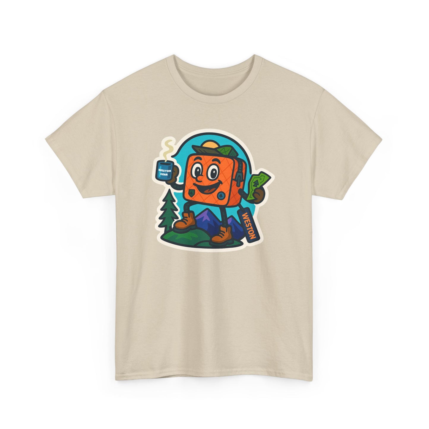 Weston Gear Tee Featuring Boxy and his Coffee, Outdoor Enthusiast Shirt, Hiking Apparel, Nature Lover Gift, Graphic Tee for Camping