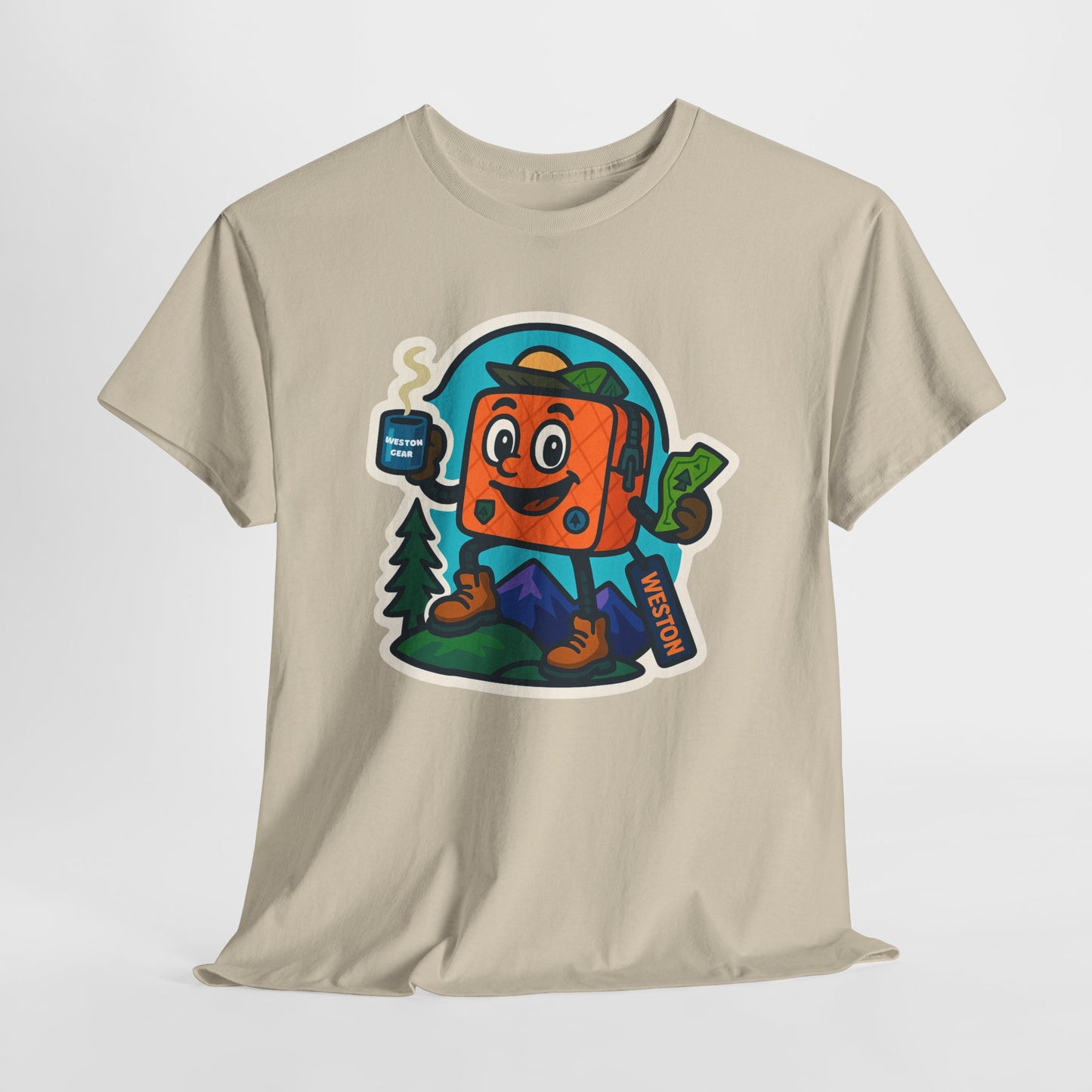 Weston Gear Tee Featuring Boxy and his Coffee, Outdoor Enthusiast Shirt, Hiking Apparel, Nature Lover Gift, Graphic Tee for Camping