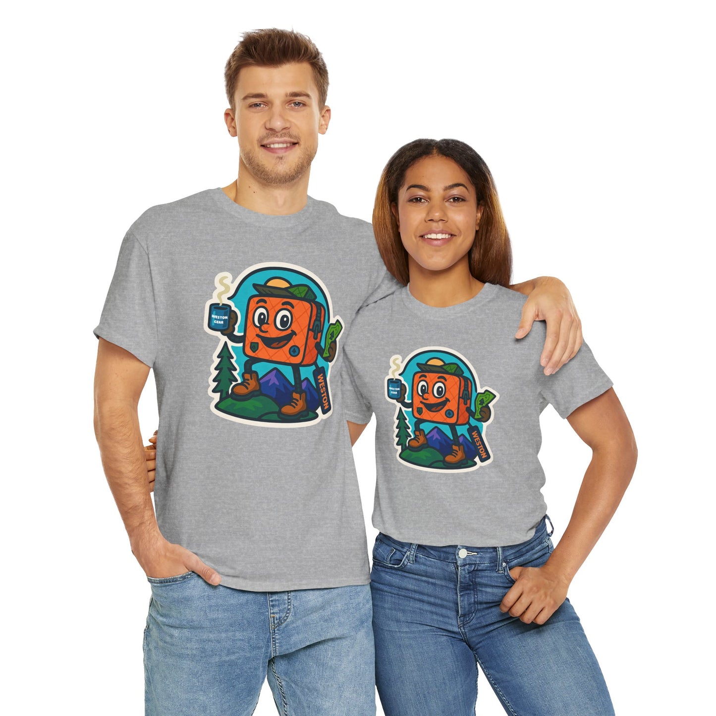 Weston Gear Tee Featuring Boxy and his Coffee, Outdoor Enthusiast Shirt, Hiking Apparel, Nature Lover Gift, Graphic Tee for Camping