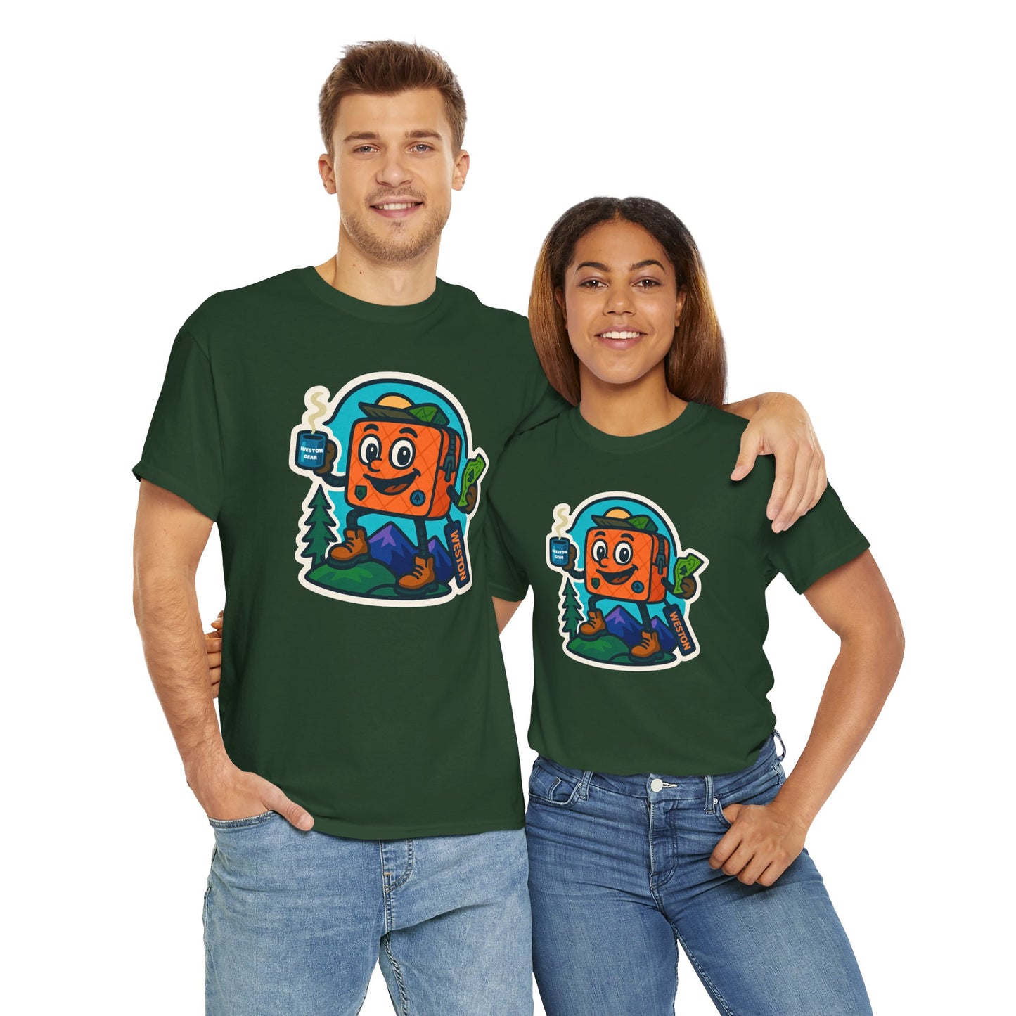 Weston Gear Tee Featuring Boxy and his Coffee, Outdoor Enthusiast Shirt, Hiking Apparel, Nature Lover Gift, Graphic Tee for Camping