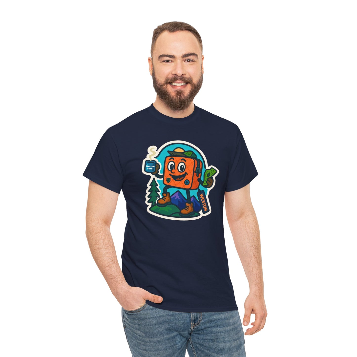 Weston Gear Tee Featuring Boxy and his Coffee, Outdoor Enthusiast Shirt, Hiking Apparel, Nature Lover Gift, Graphic Tee for Camping