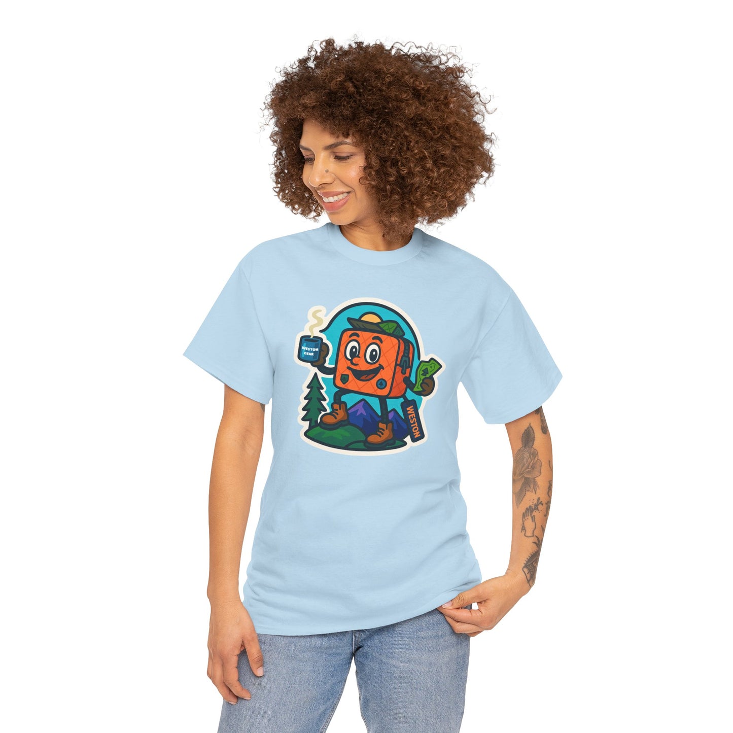 Weston Gear Tee Featuring Boxy and his Coffee, Outdoor Enthusiast Shirt, Hiking Apparel, Nature Lover Gift, Graphic Tee for Camping