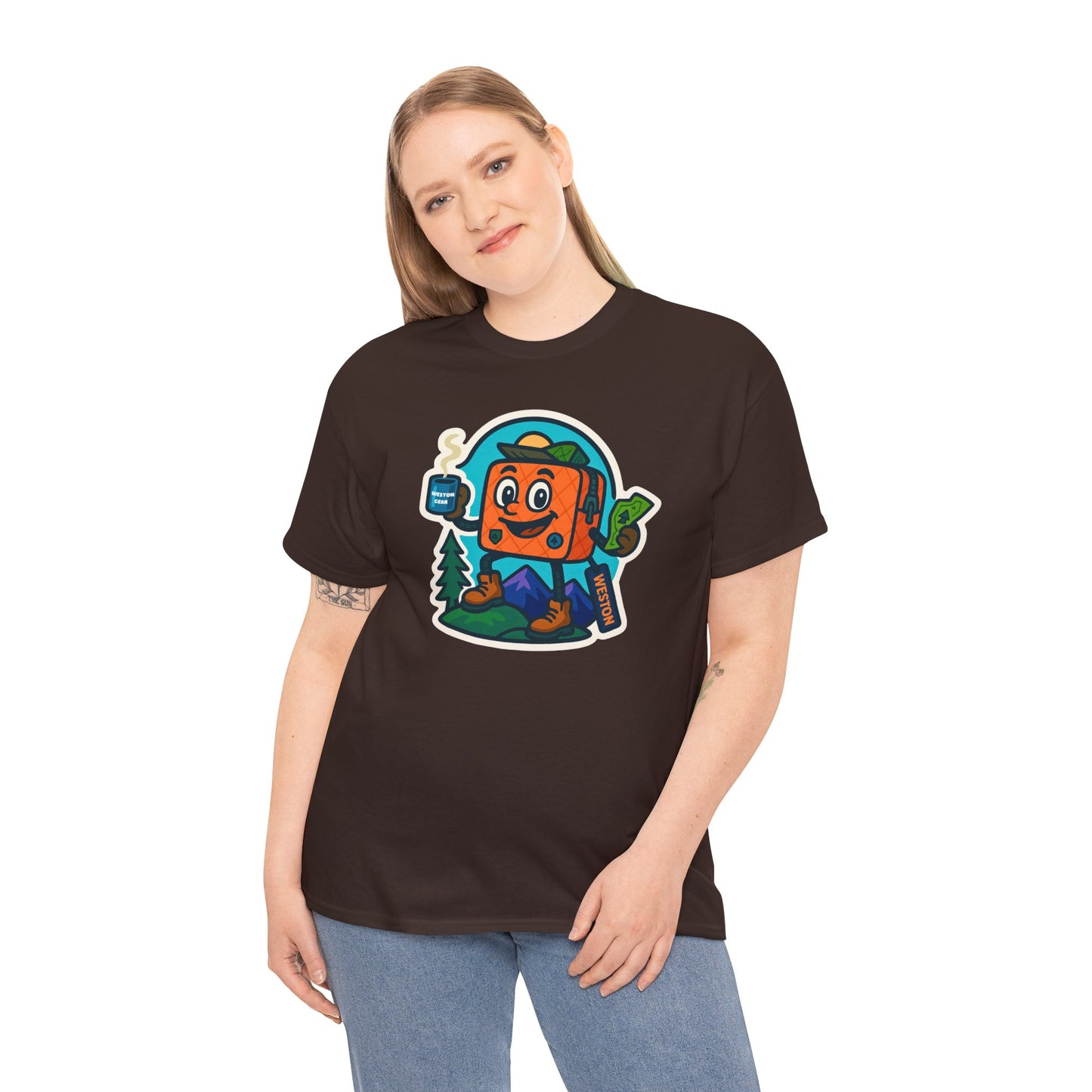 Weston Gear Tee Featuring Boxy and his Coffee, Outdoor Enthusiast Shirt, Hiking Apparel, Nature Lover Gift, Graphic Tee for Camping