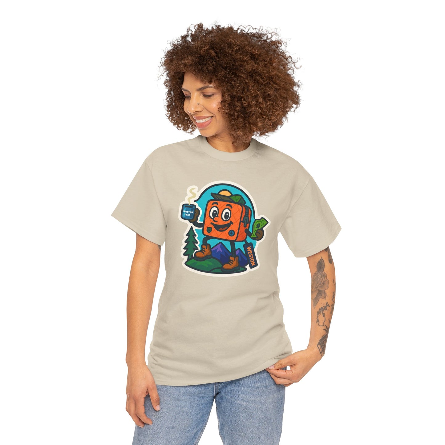 Weston Gear Tee Featuring Boxy and his Coffee, Outdoor Enthusiast Shirt, Hiking Apparel, Nature Lover Gift, Graphic Tee for Camping