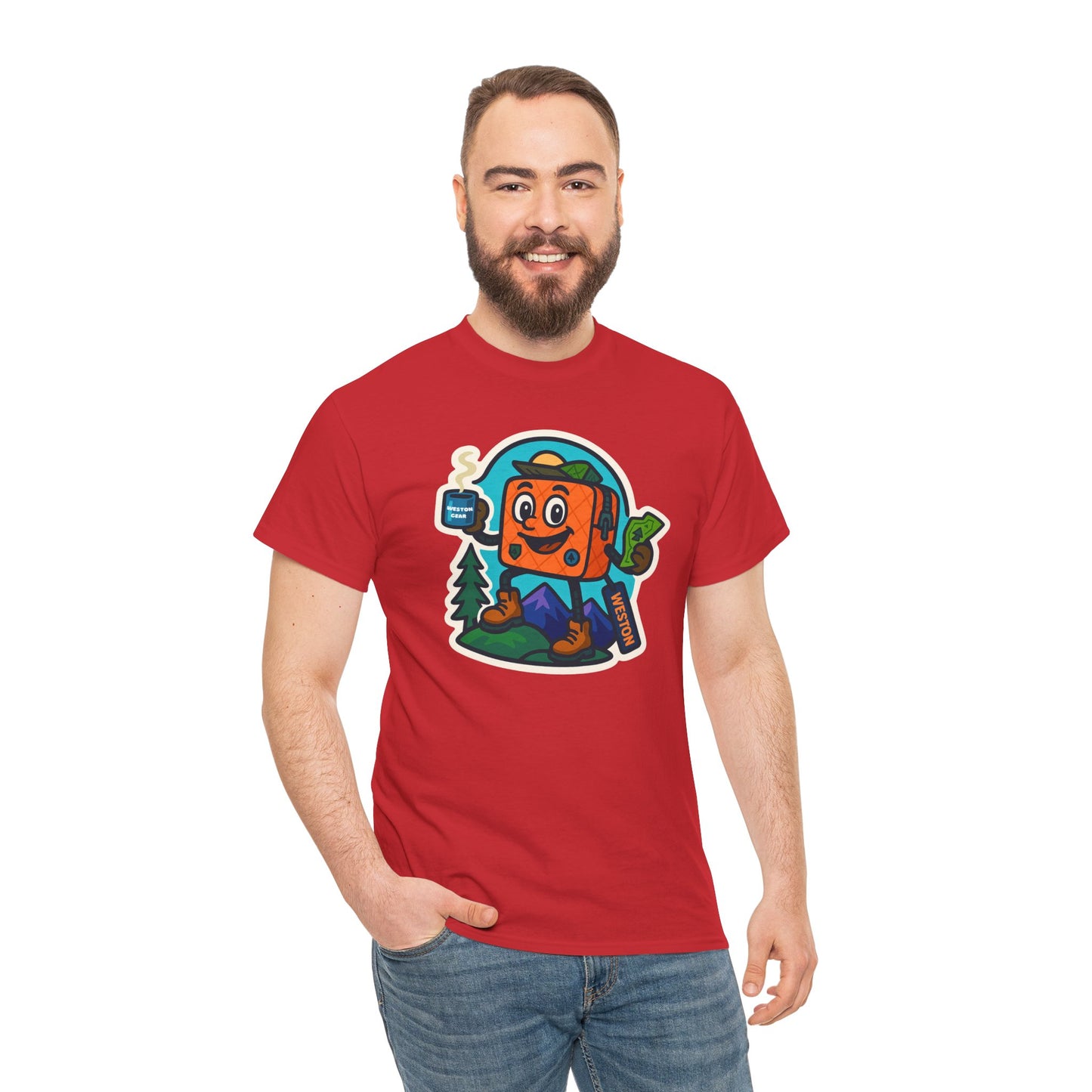 Weston Gear Tee Featuring Boxy and his Coffee, Outdoor Enthusiast Shirt, Hiking Apparel, Nature Lover Gift, Graphic Tee for Camping
