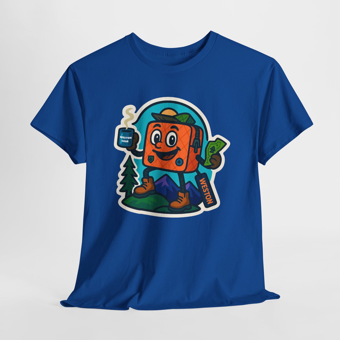 Weston Gear Tee Featuring Boxy and his Coffee, Outdoor Enthusiast Shirt, Hiking Apparel, Nature Lover Gift, Graphic Tee for Camping