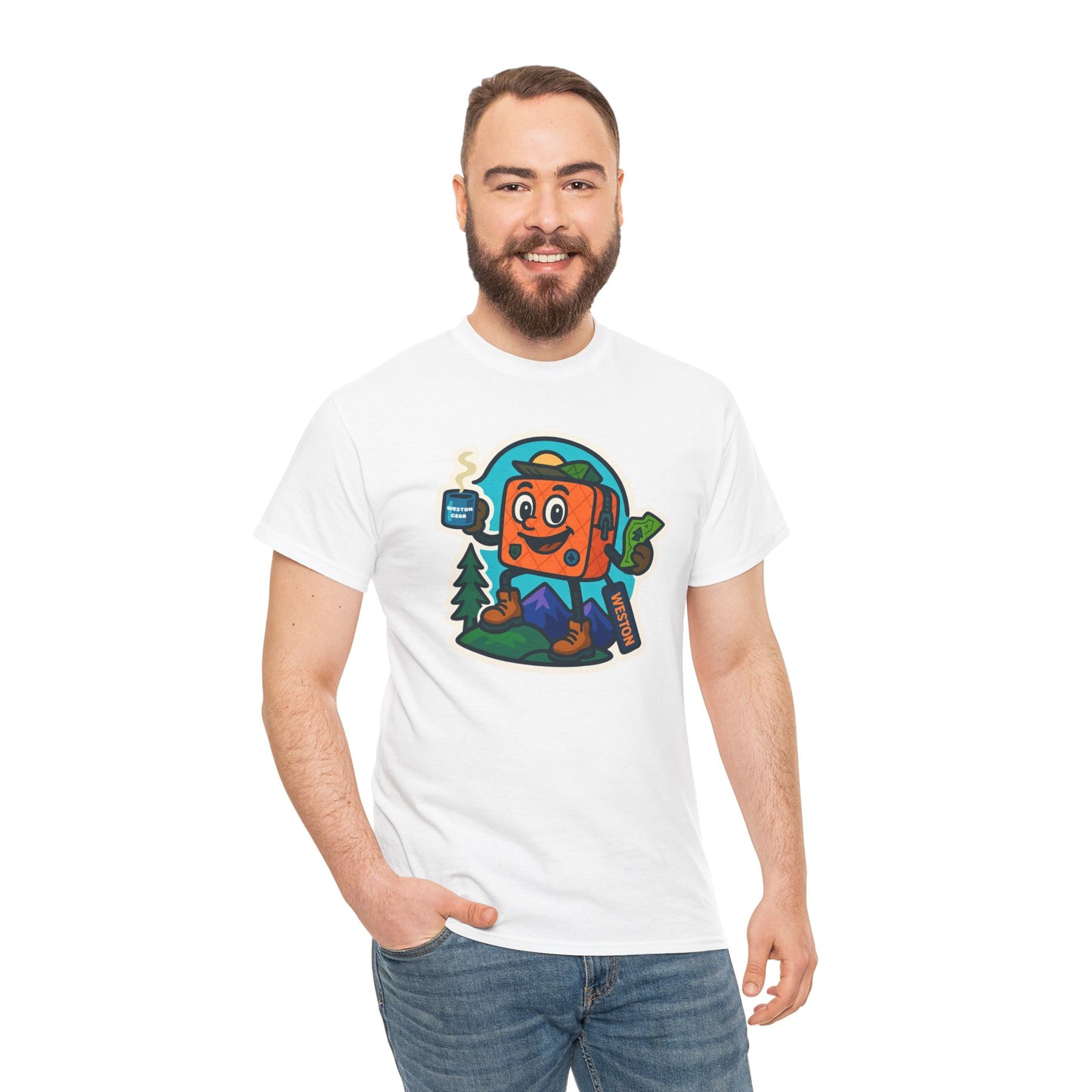 Weston Gear Tee Featuring Boxy and his Coffee, Outdoor Enthusiast Shirt, Hiking Apparel, Nature Lover Gift, Graphic Tee for Camping