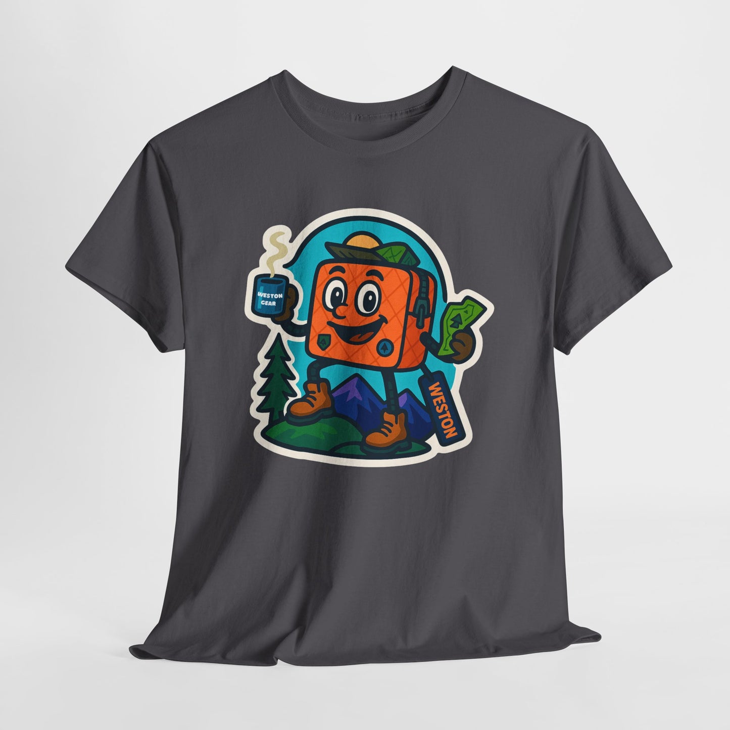 Weston Gear Tee Featuring Boxy and his Coffee, Outdoor Enthusiast Shirt, Hiking Apparel, Nature Lover Gift, Graphic Tee for Camping