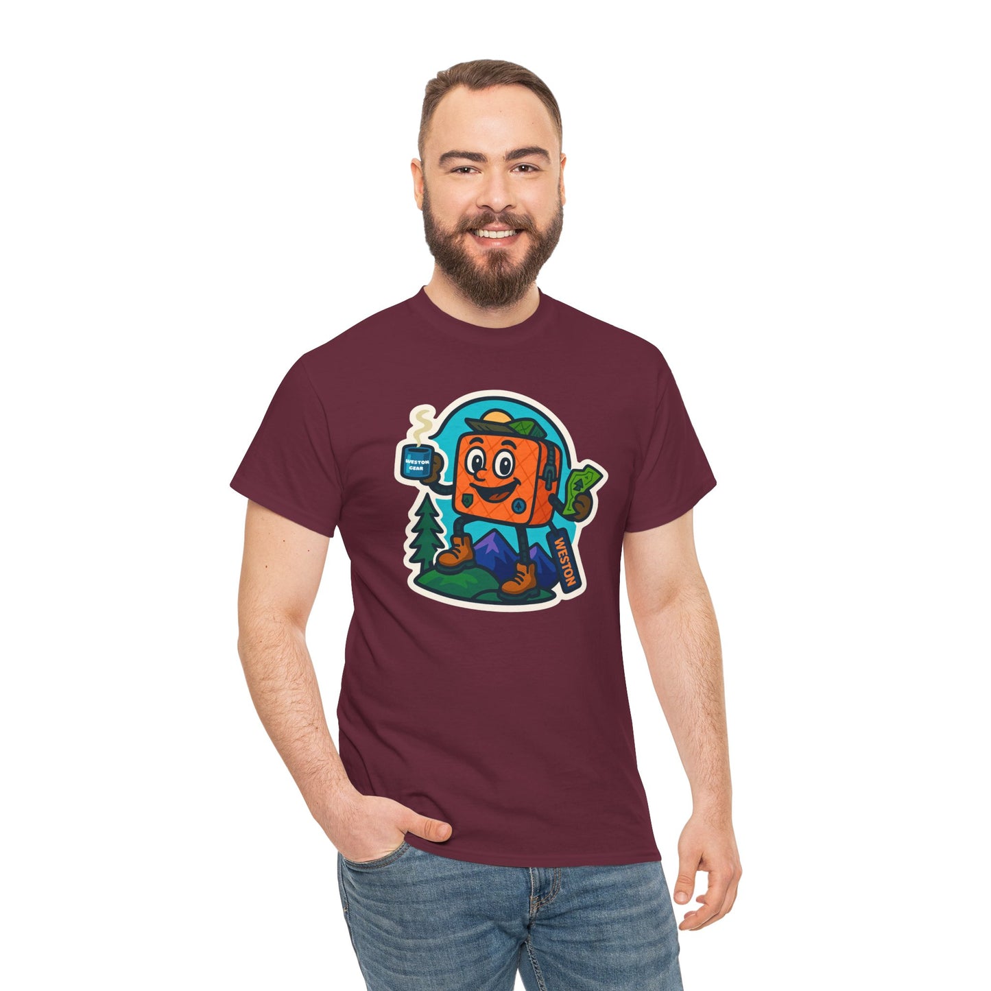 Weston Gear Tee Featuring Boxy and his Coffee, Outdoor Enthusiast Shirt, Hiking Apparel, Nature Lover Gift, Graphic Tee for Camping