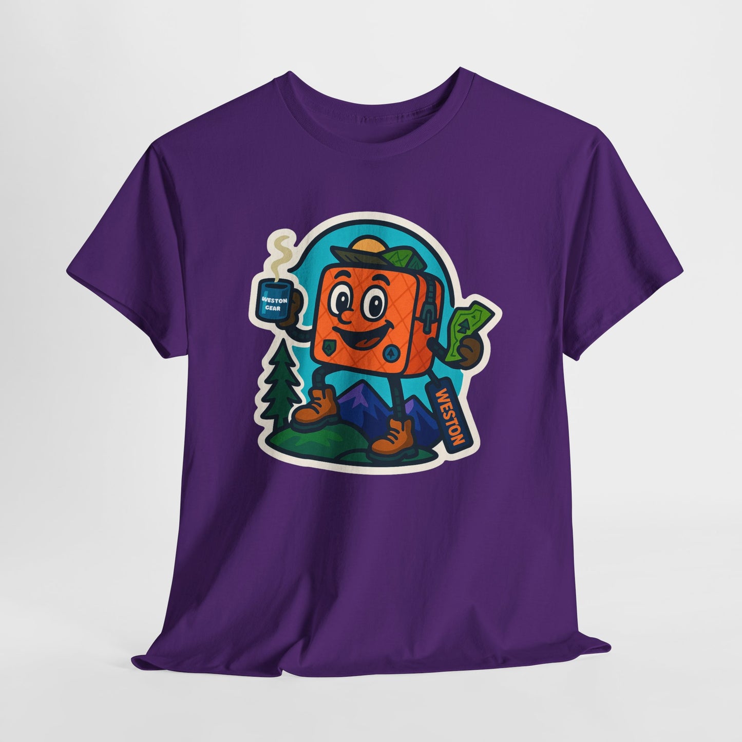 Weston Gear Tee Featuring Boxy and his Coffee, Outdoor Enthusiast Shirt, Hiking Apparel, Nature Lover Gift, Graphic Tee for Camping