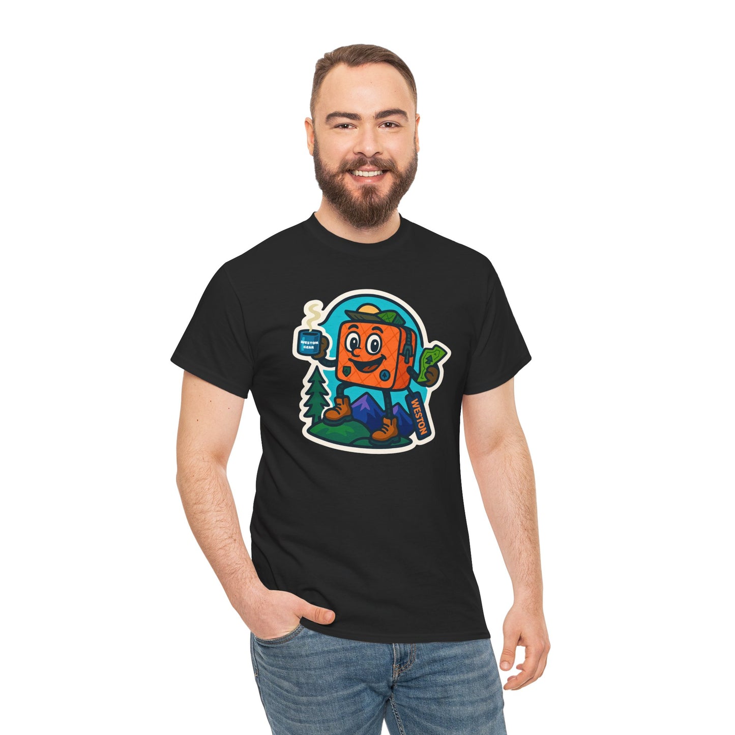 Weston Gear Tee Featuring Boxy and his Coffee, Outdoor Enthusiast Shirt, Hiking Apparel, Nature Lover Gift, Graphic Tee for Camping