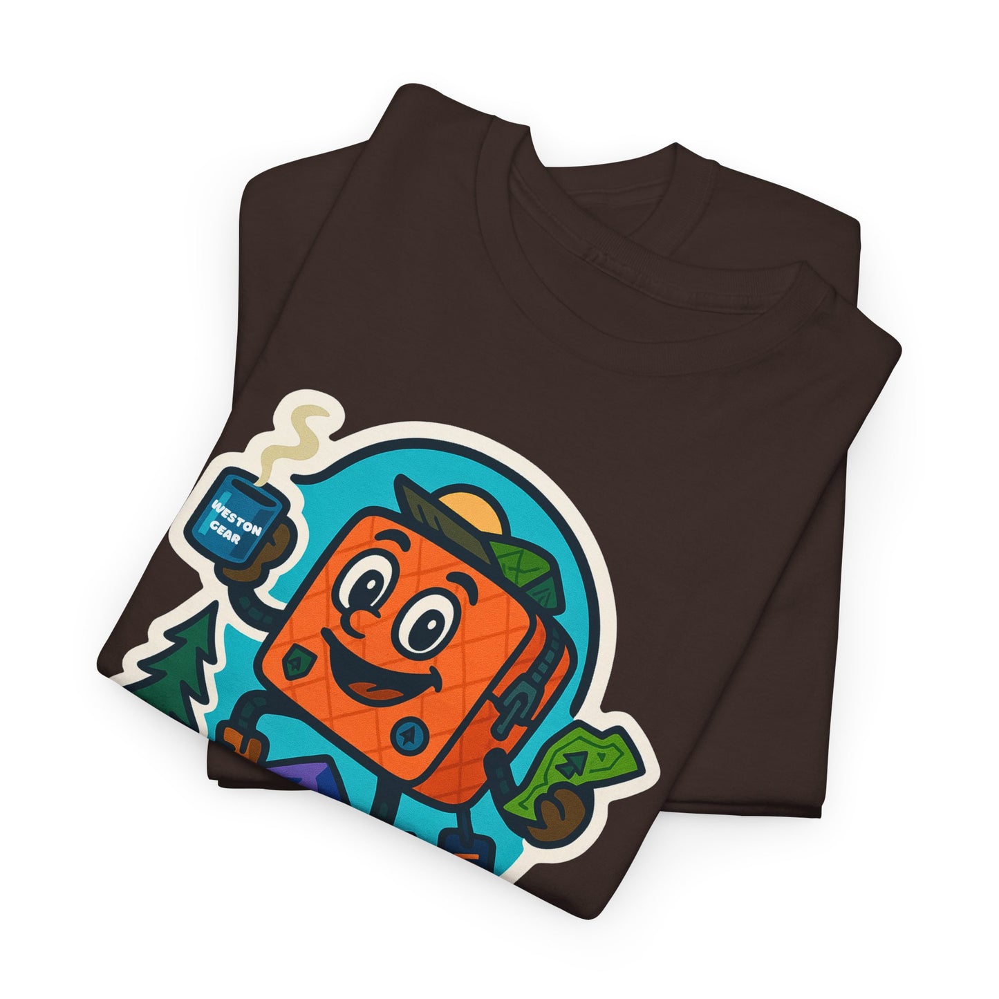 Weston Gear Tee Featuring Boxy and his Coffee, Outdoor Enthusiast Shirt, Hiking Apparel, Nature Lover Gift, Graphic Tee for Camping