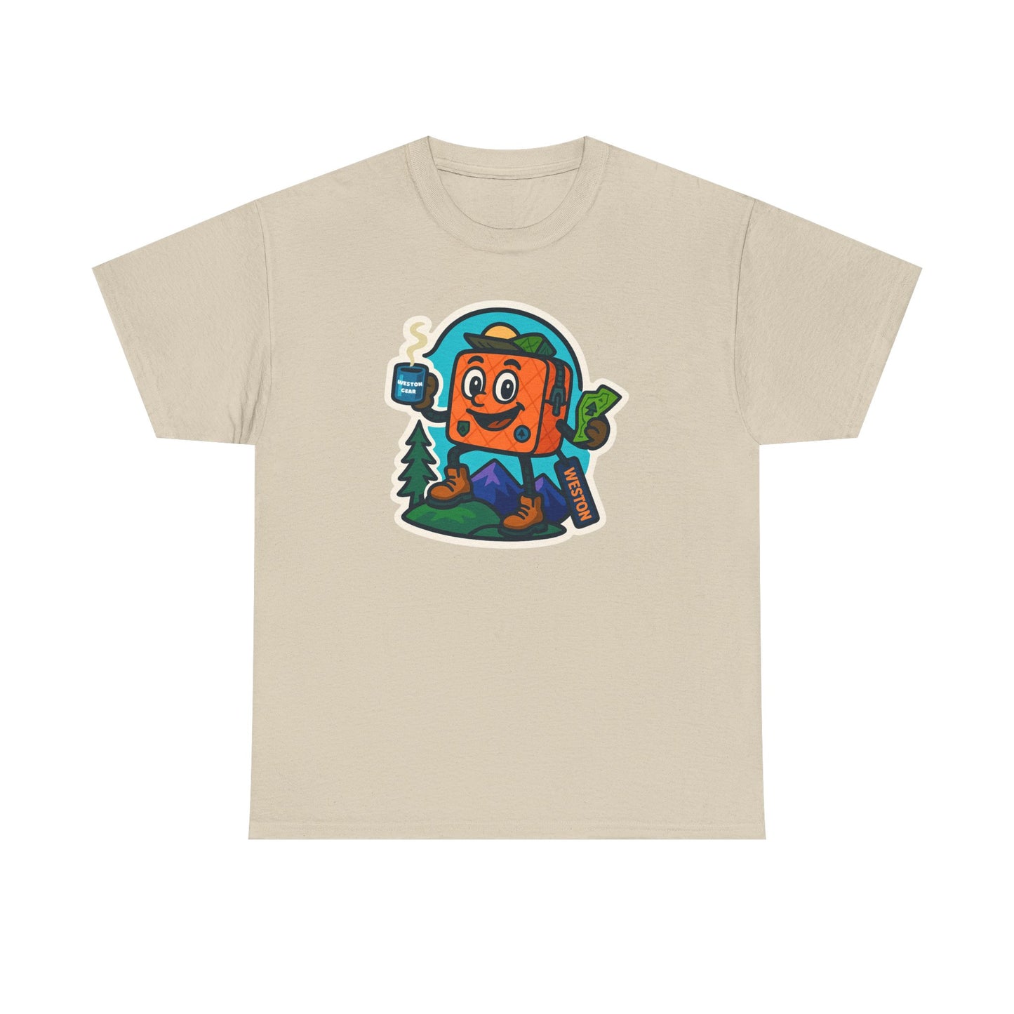Weston Gear Tee Featuring Boxy and his Coffee, Outdoor Enthusiast Shirt, Hiking Apparel, Nature Lover Gift, Graphic Tee for Camping